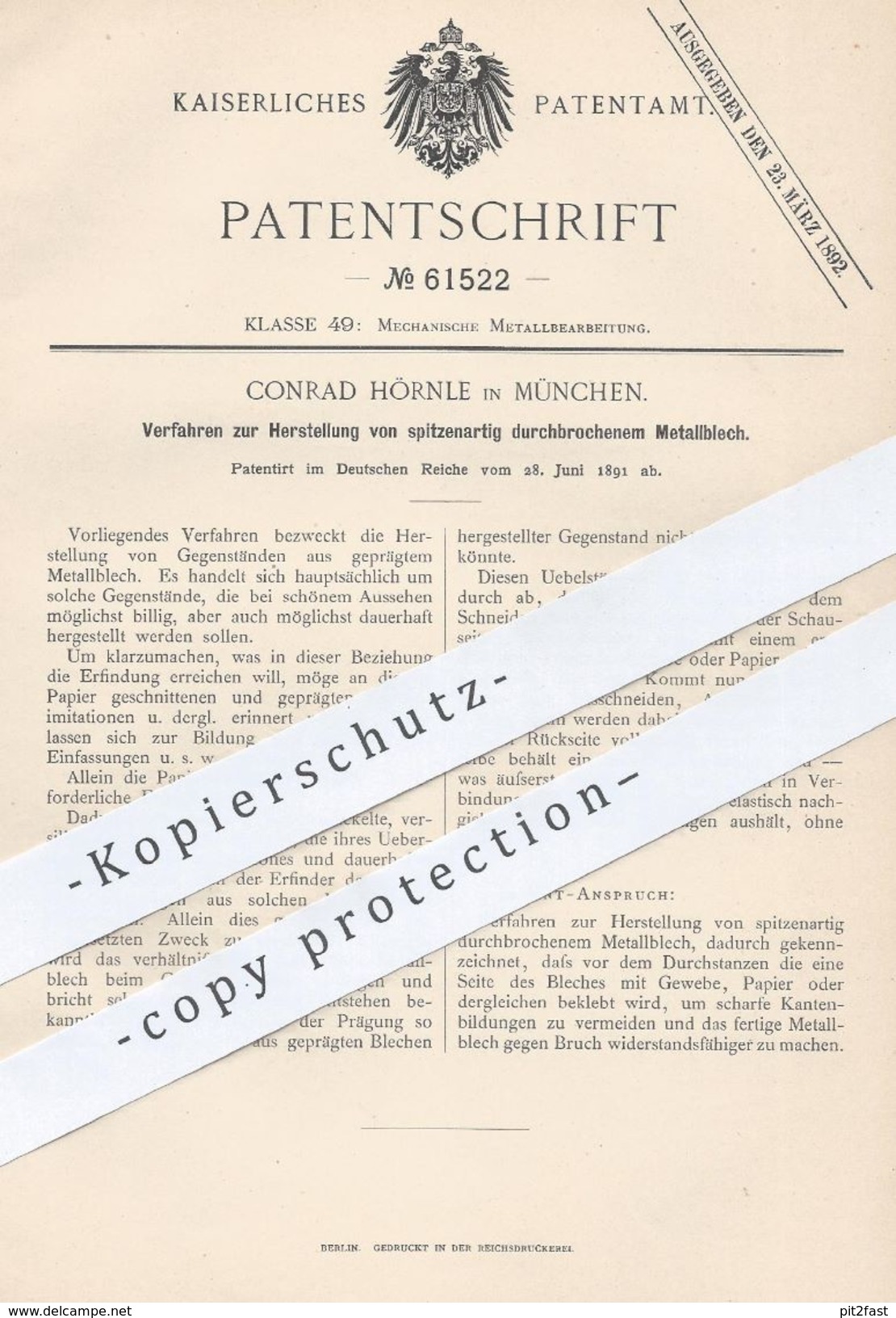 Original Patent - Conrad Hörnle , München , 1891 , Herstellung Von Durchbrochenem Metallblech | Metall - Blech , Stanzen - Historische Documenten