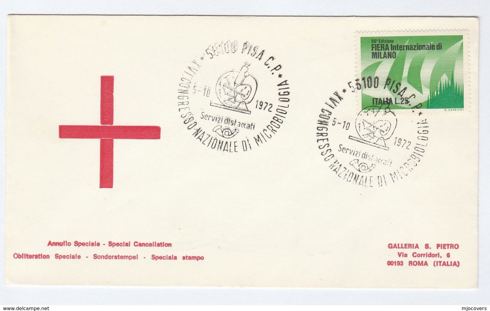 1972 Pisa MICROBIOLOGY CONGRESS EVENT COVER Italy Health Medicine Stamps Red Cross Pic - Medicine