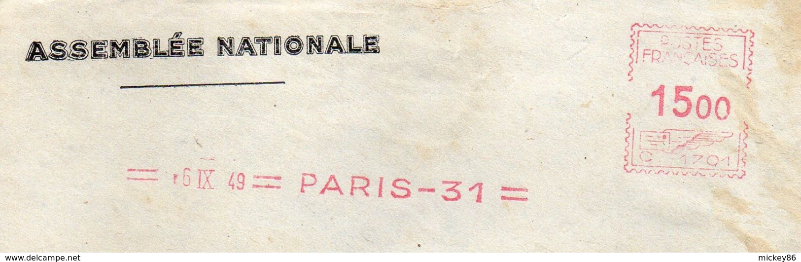 EMA--1949--PARIS 31- 6 IX  49  *1500  Machine N°C 1701-env Personnalisée ASSEMBLEE NATIONALE-R.Schmidt Député Hte Vienne - EMA (Printer Machine)