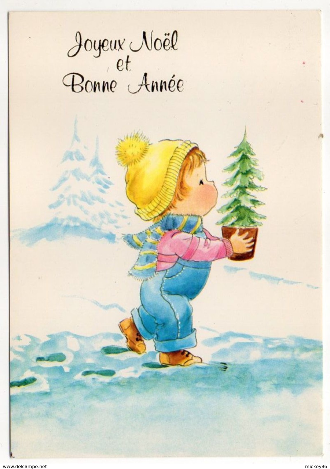 Joyeux Noel  Et Bonne Année-illustrateur ???-enfant Et Petit Sapin De Noel En Pot-- Carte Italienne - Altri & Non Classificati