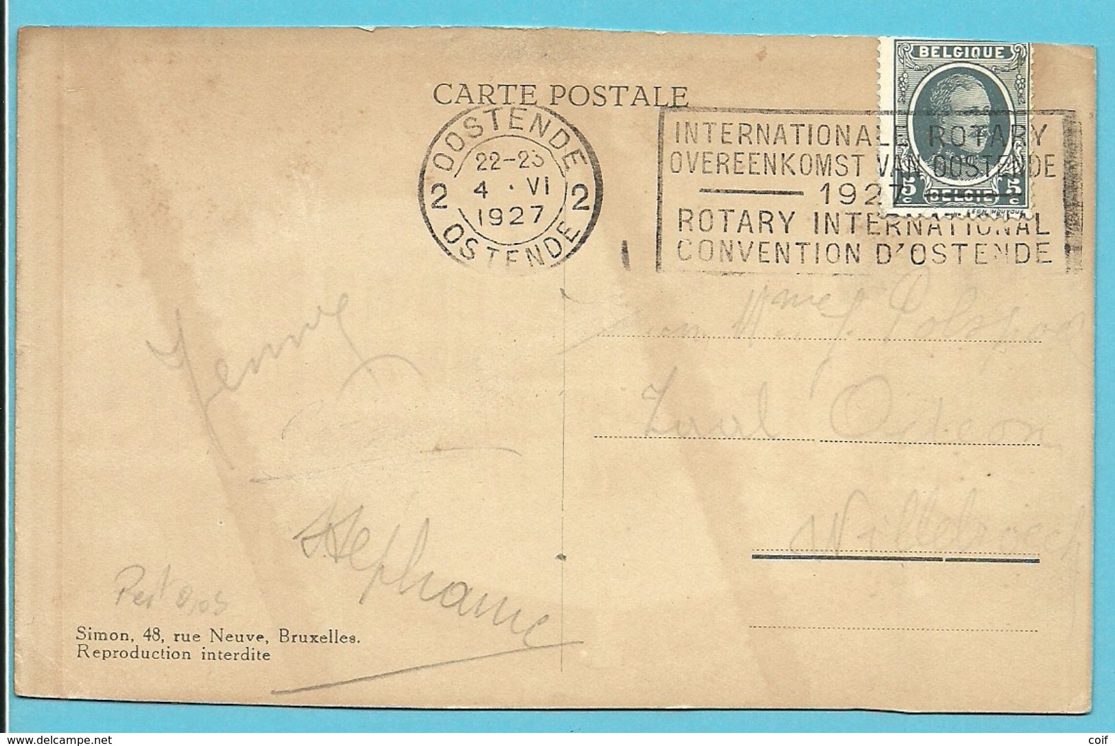 193 Op Kaart Met Mekanische Stempel BRUXELLES / ROTARY INTERNATIONAL CONVENTION D'OSTENDE 1927 - 1922-1927 Houyoux