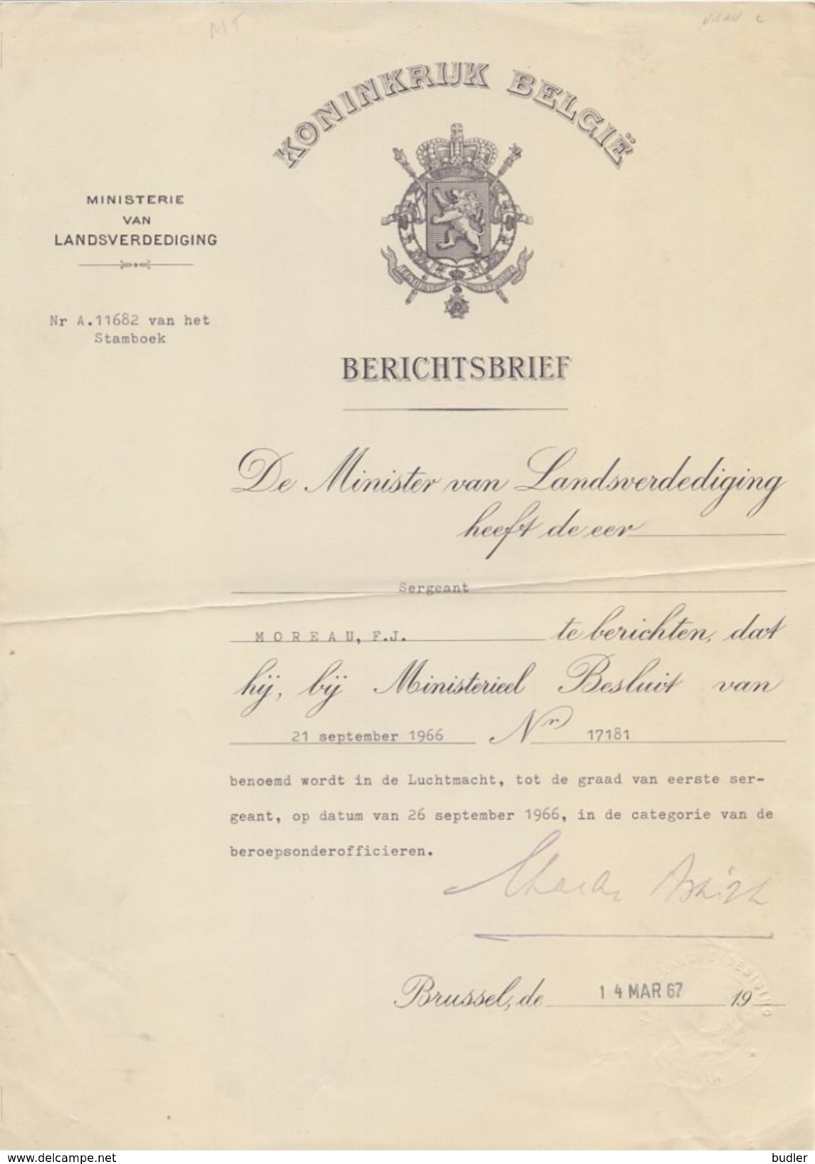 BELGIË/BELGIQUE :1967: Ministerie Van Landsverdediging –  Berichtsbrief Voor Sergeant MOREAU F.J., (Hoegaarden). - Autres & Non Classés