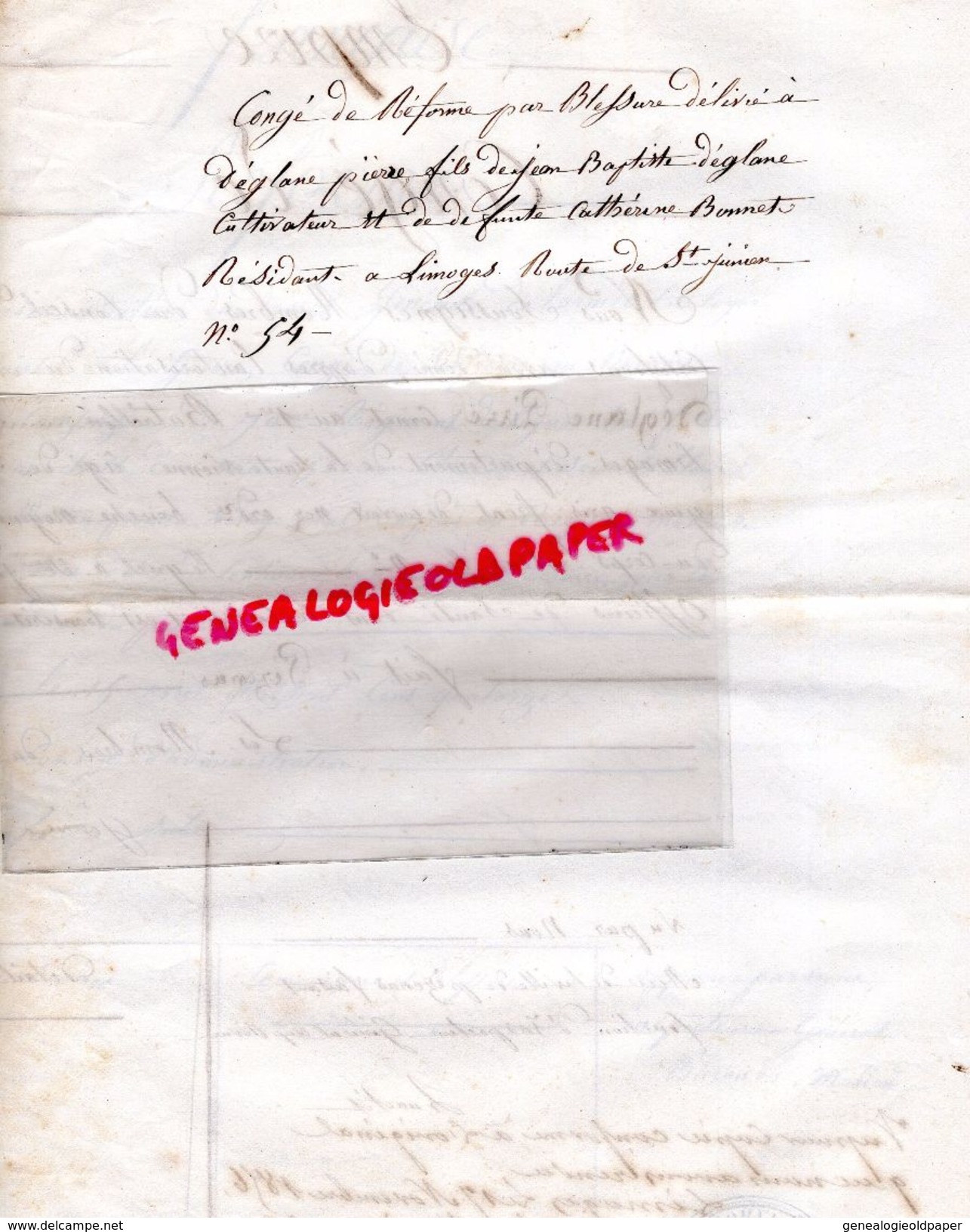 87-LIMOGES-LETTRE EMPIRE-CONGE REFORME PIERRE DEGLANE RTE ST JUNIEN-PEZENAS 1814-HOPITAL NARBONNE GENERAL BARON MULLER - Documents Historiques