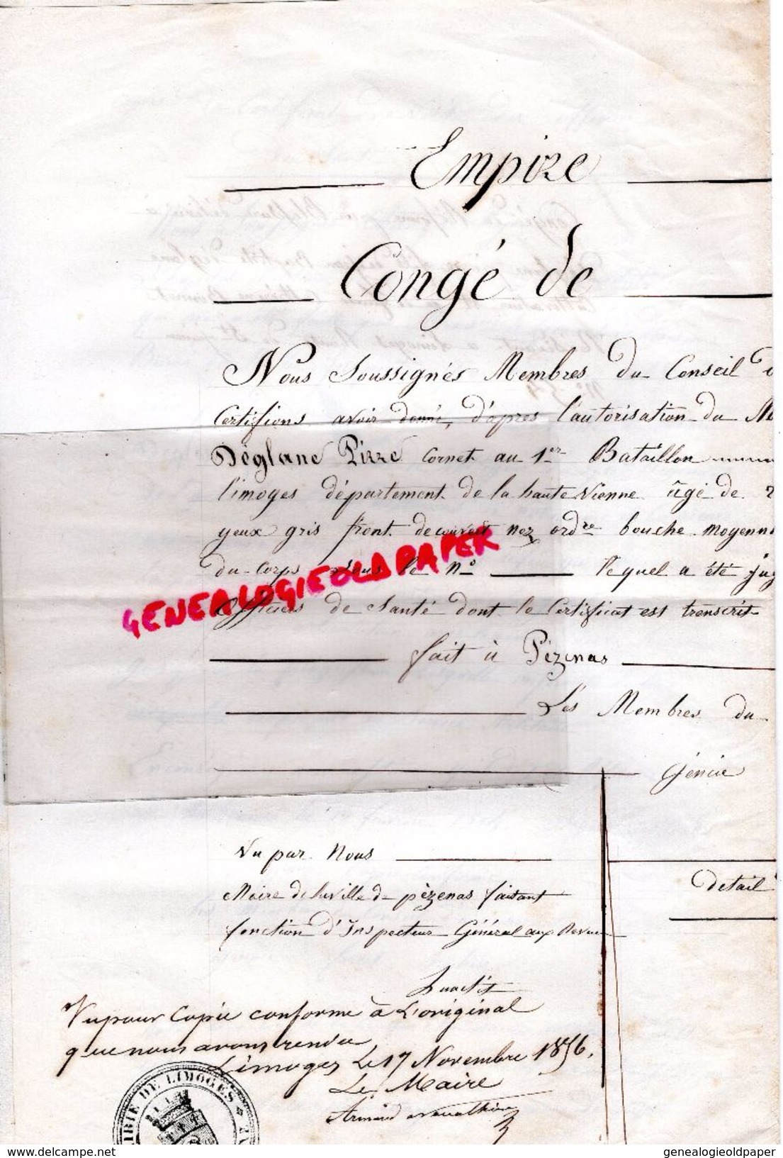 87-LIMOGES-LETTRE EMPIRE-CONGE REFORME PIERRE DEGLANE RTE ST JUNIEN-PEZENAS 1814-HOPITAL NARBONNE GENERAL BARON MULLER - Documents Historiques