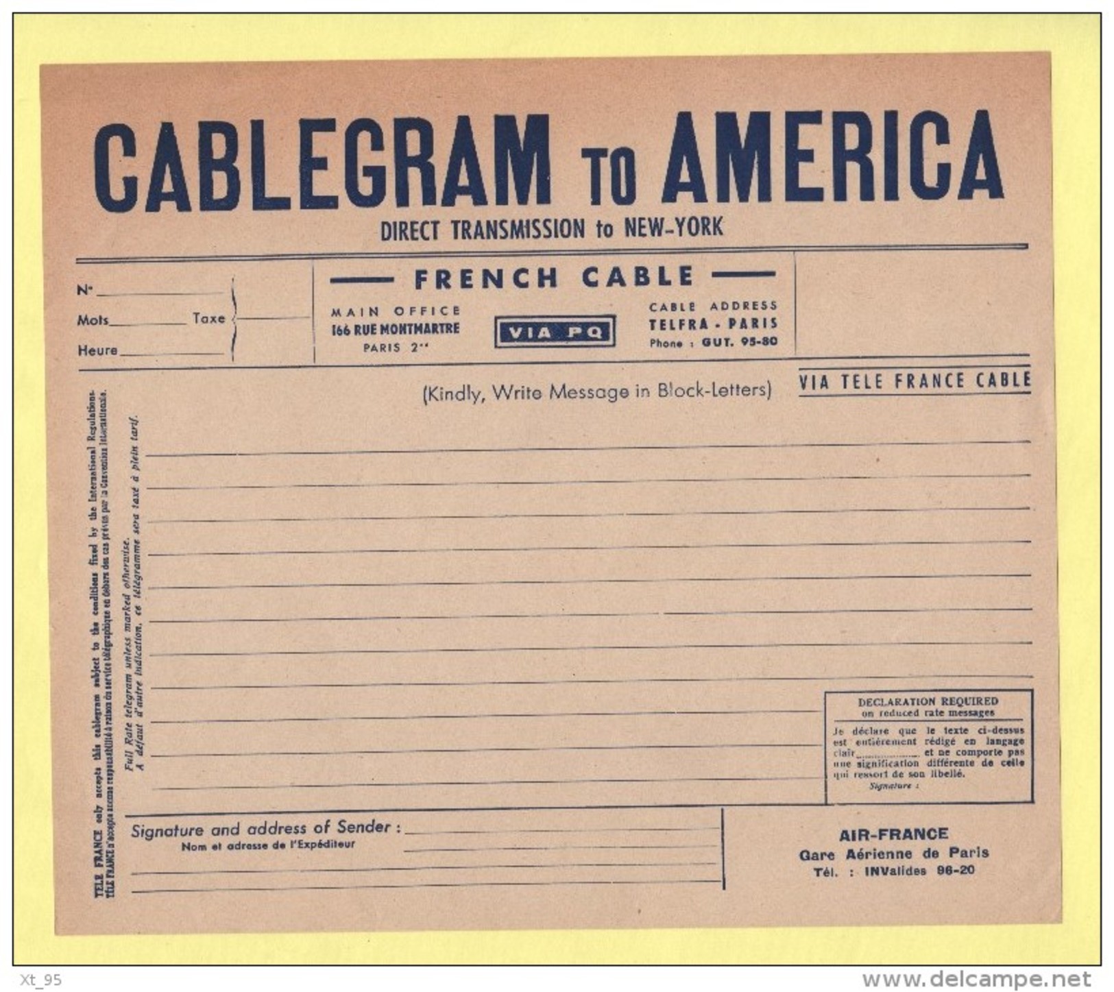 Telegramme Neuf (non Plie) - Cablegram To America - French Cable - Tele Cable - Air France - Telegraphie Und Telefon