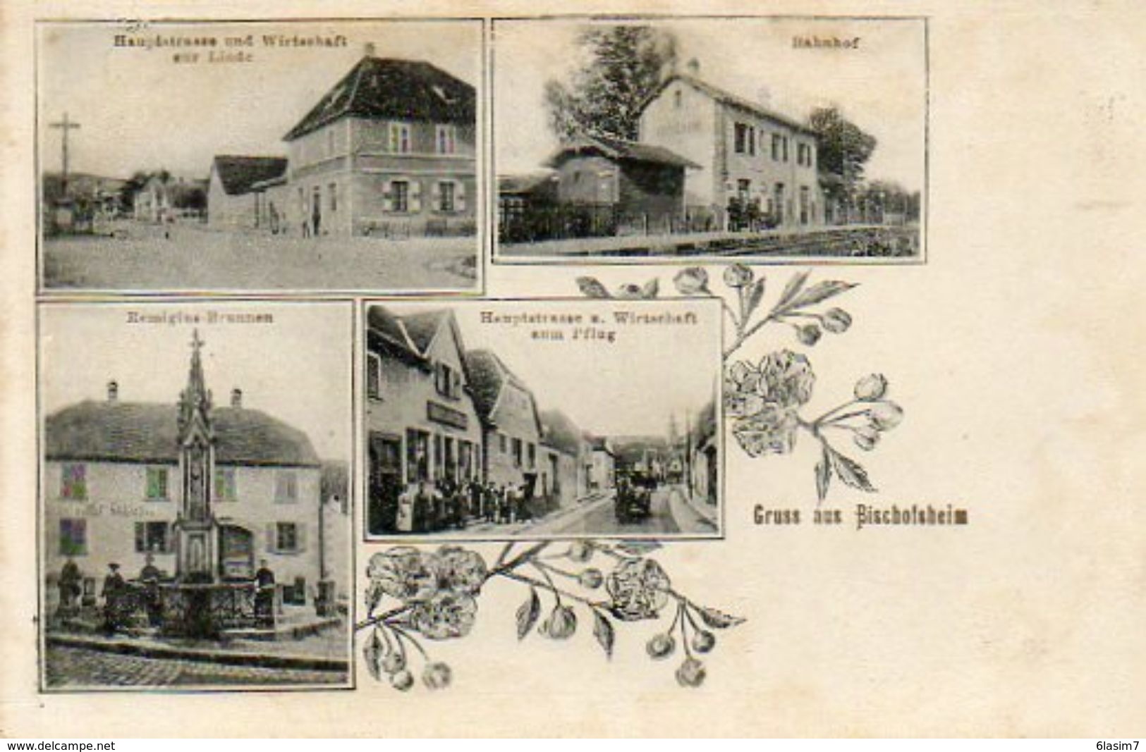 CPA - BISCHOFSHEIM (67) - Carte Multi-Vues De 1906 - Gare Et Restaurants Au Tilleul Et à La Charrue - Other & Unclassified