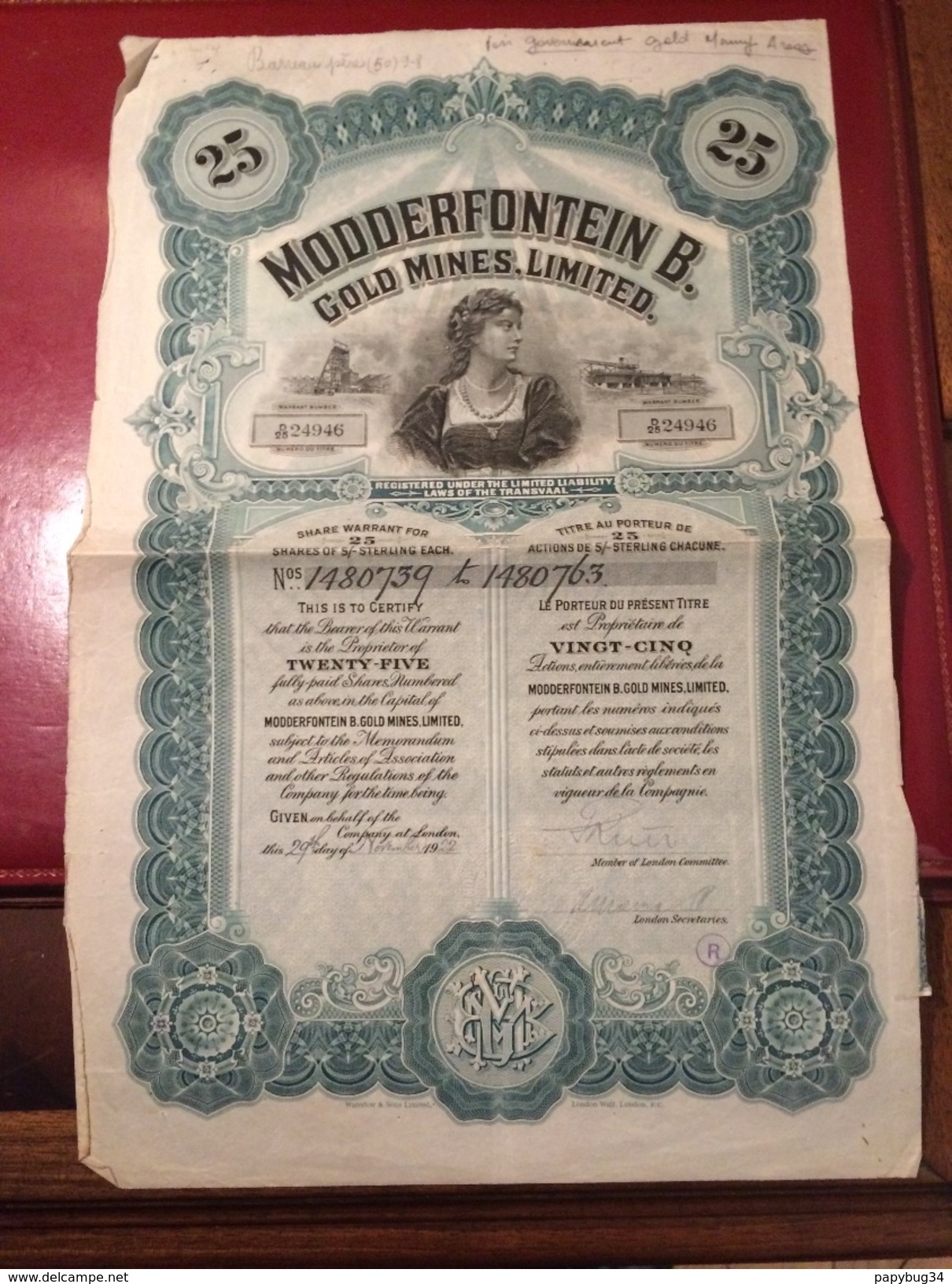 MODDERFONTEIN  B.   GOLD  MINES  , LIMITED  ---------  Certificat  De  25  Actions - Mines