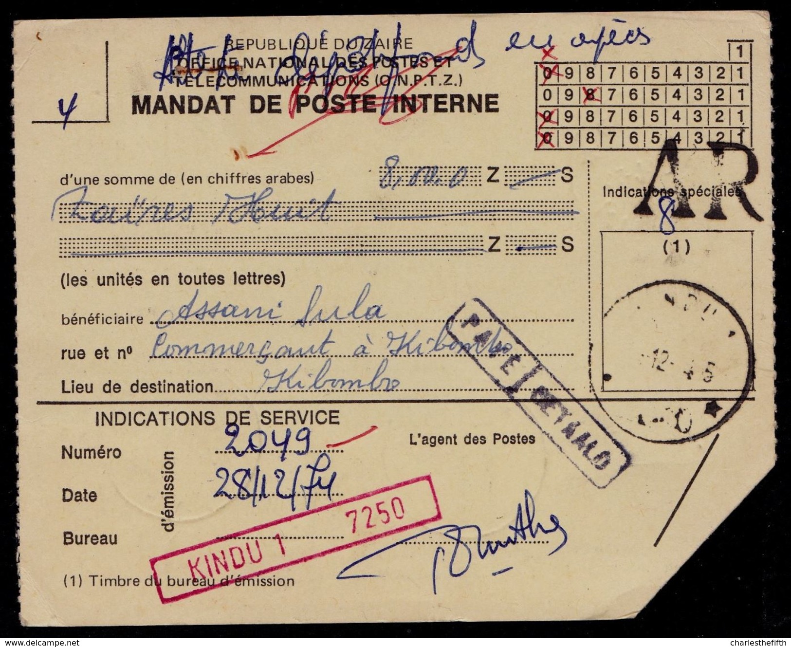 MANDAT DE POSTE ZAIRE - GRIFFE ROUGE " KINDU 1 7250 "  - PAYE - AR - KIBOMBO - A VOIR !! 2 Scans - Autres & Non Classés