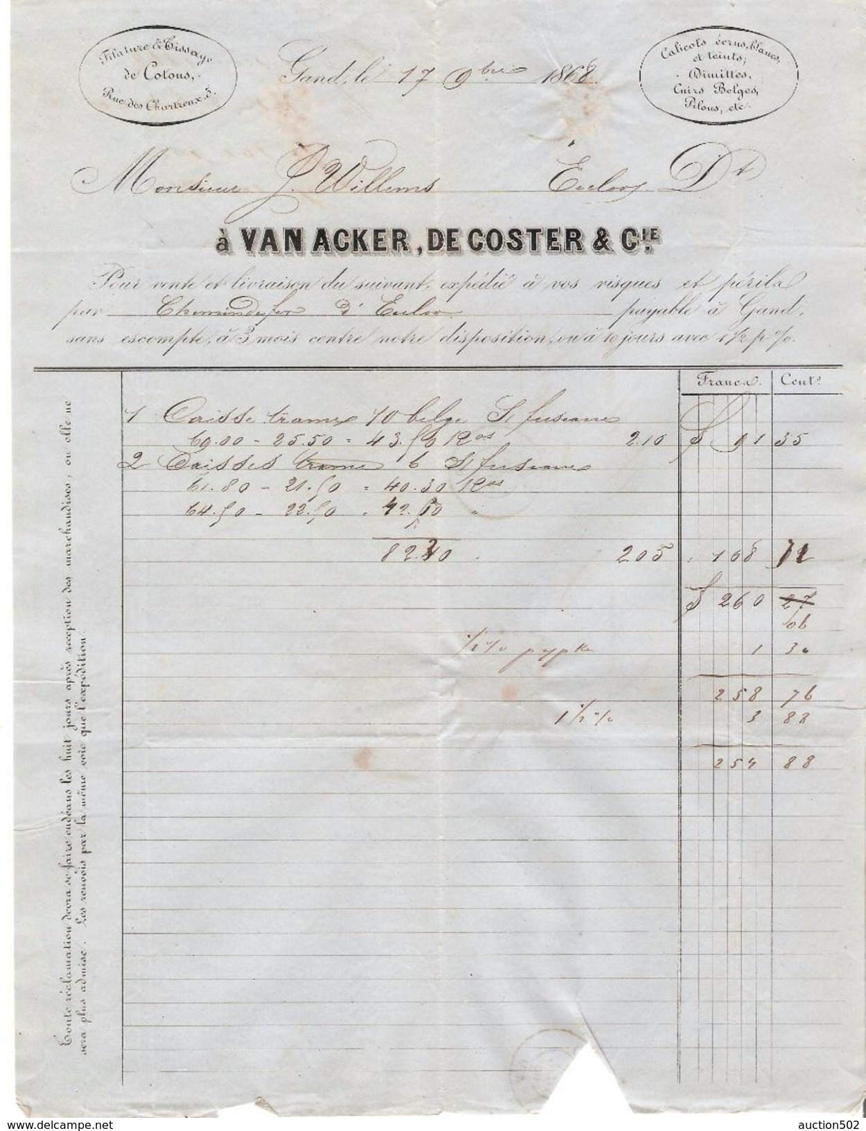 TP 17 S/LAC Facture Van Acker-De Coster & Cie LOS 141 C.Gand 17/11/1868 V.Eecloo C.d'arrivée PR4768 - Postmarks - Points