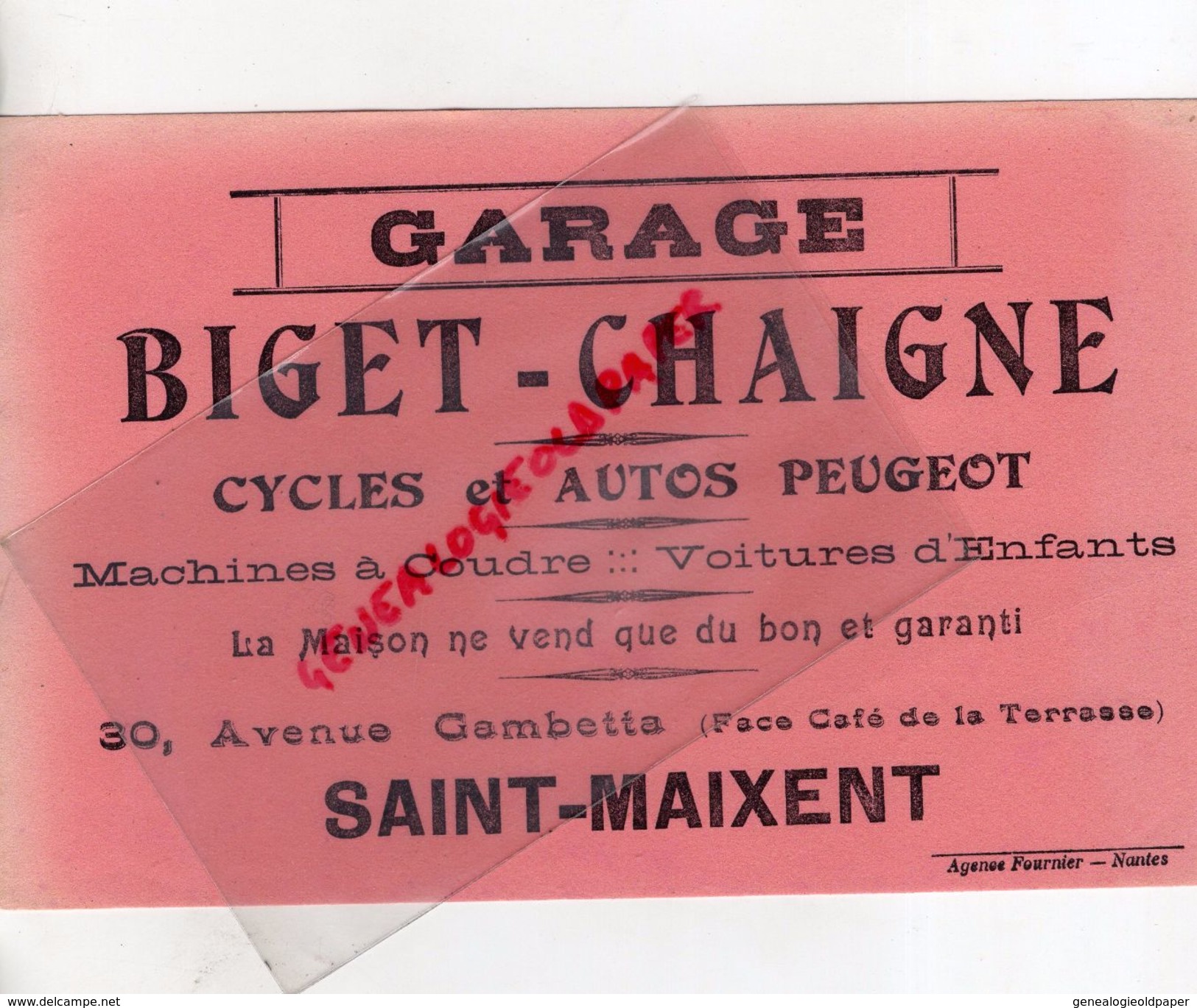 79 -ST SAINT MAIXENT-RARE BUVARD GARAGE BIGET-CHAIGNE-CYCLES AUTOS PEUGEOT-MACHINE A COUDRE-30 AV.GAMBETTA-CYCLISME VELO - Automotive