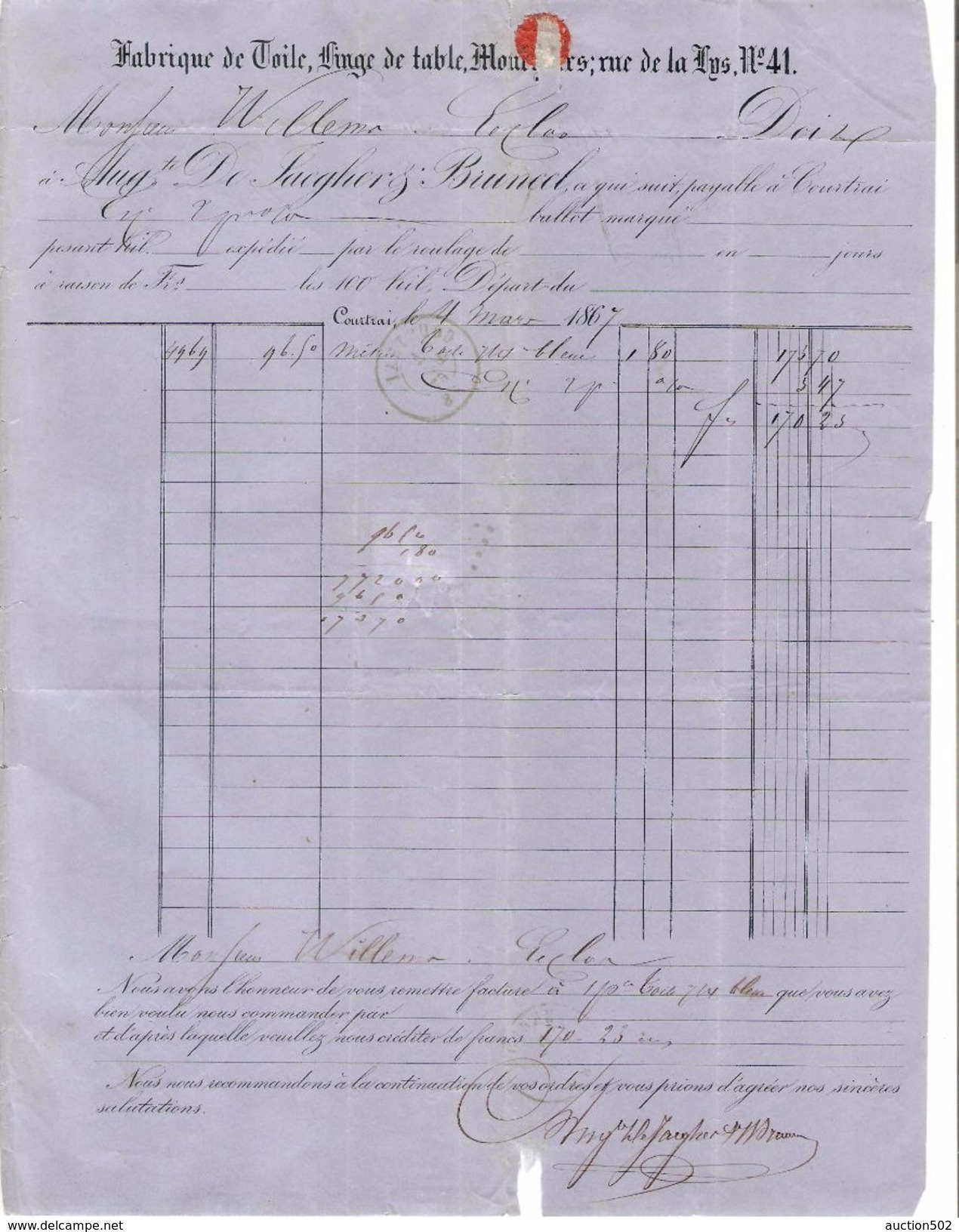 Facture De Jaeghers-Bruneel Fabrique De Toile,Linge De Table Courtrai-Kortrijk En 1867 PR4773 - 1800 – 1899