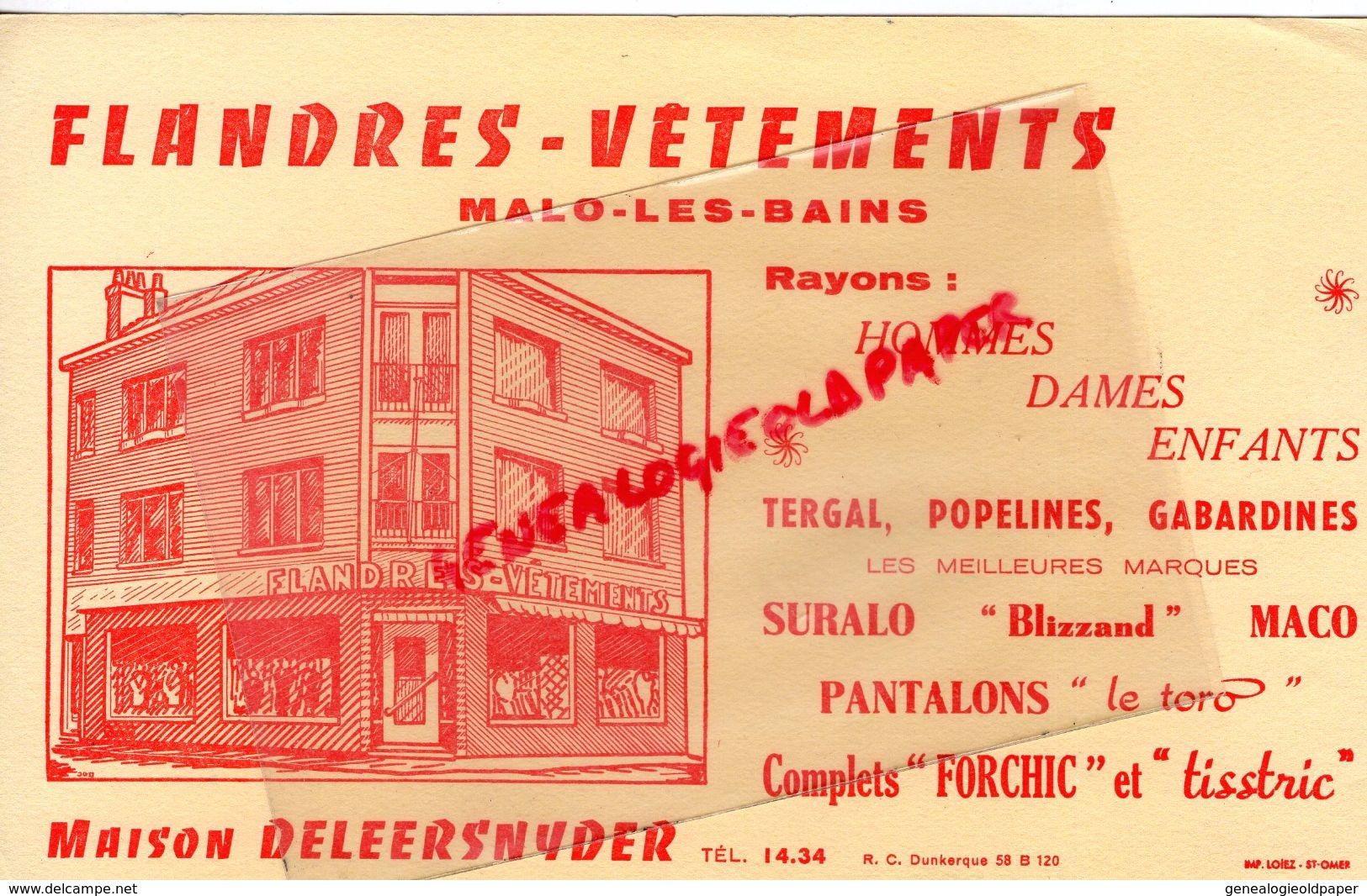 59 - MALO LES BAINS- RARE BUVARD FLANDRES VETEMENTS -MAISON DELEERSNYDER-72 BIS RUE HOTEL DE VILLE-SURALO-BLIZZAND - Textilos & Vestidos