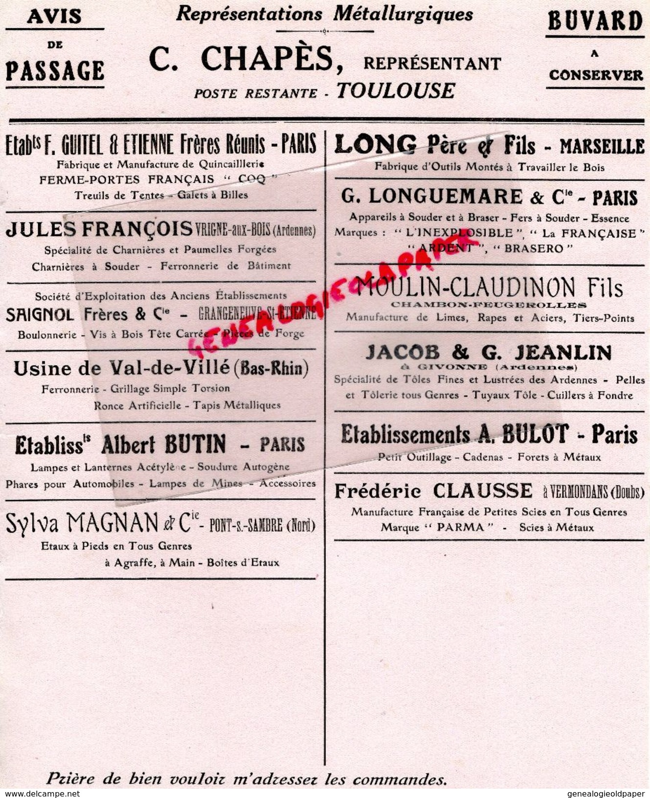 31-TOULOUSE-RARE BUVARD C.CHAPES- PARIS-MARSEILLE-VRIGNE AUX BOIS-CHAMBON FEUGEROLLES-GIVONNE-VERMONDANS-VAL DE VILLE - Autres & Non Classés