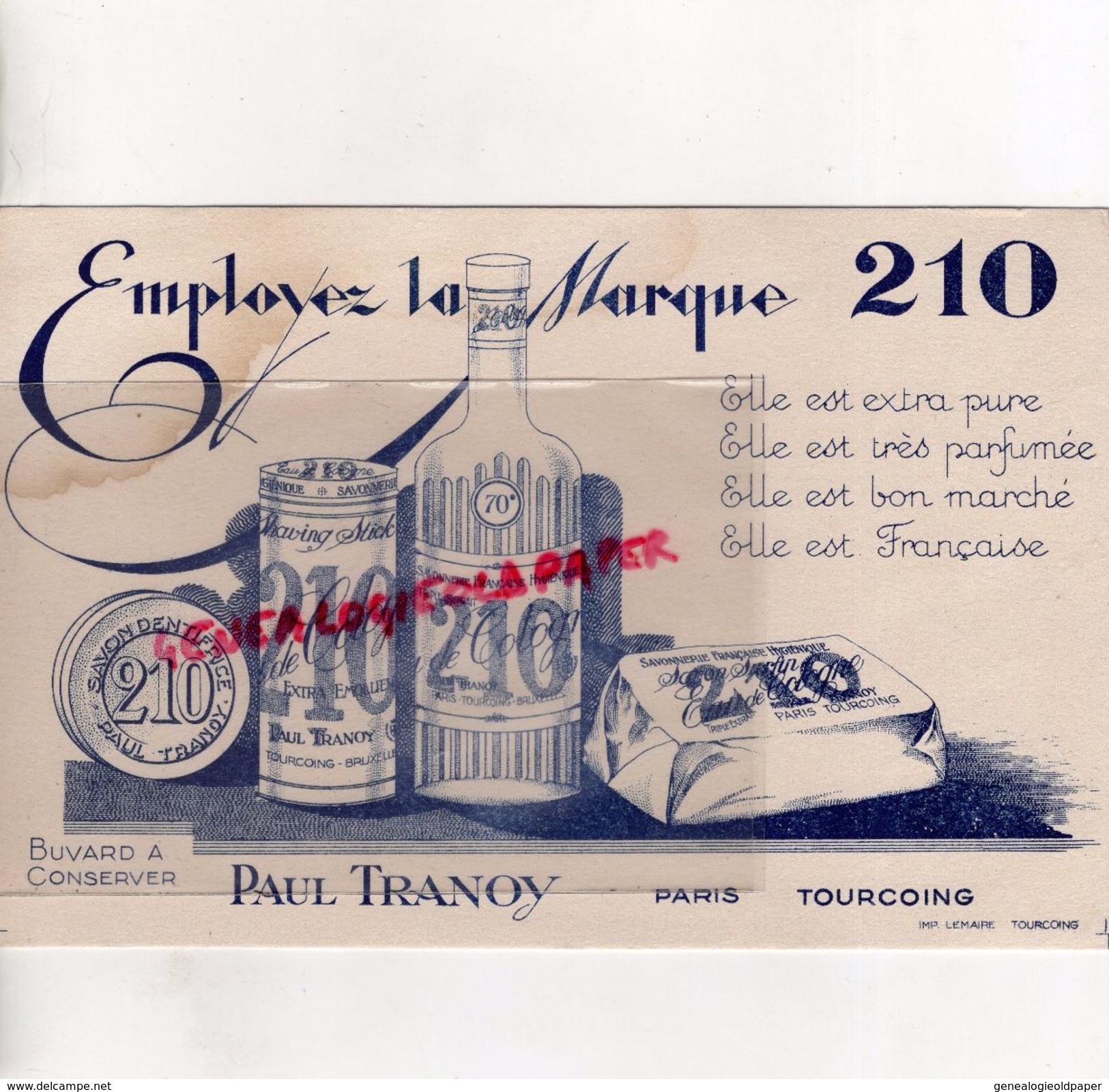 59- TOURCOING- RARE BUVARD PAUL TRANOY- SAVON SAVONNERIE PARFUMERIE PARFUM- EMPLOYEZ LA MARQUE 210 - S