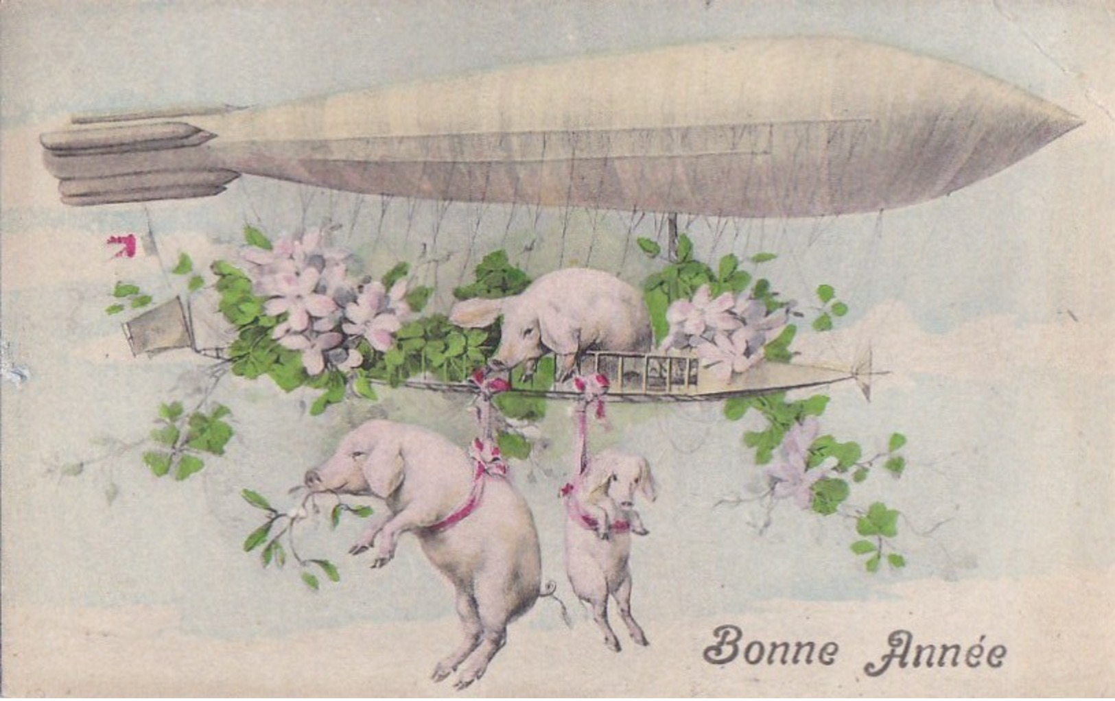 CPA Illustrée BONNE ANNEE  Portes Bonheur   COCHONS GUI TREFLE 4 Feuilles Sur Un DIRIGEABLE Timbre 1910 - New Year