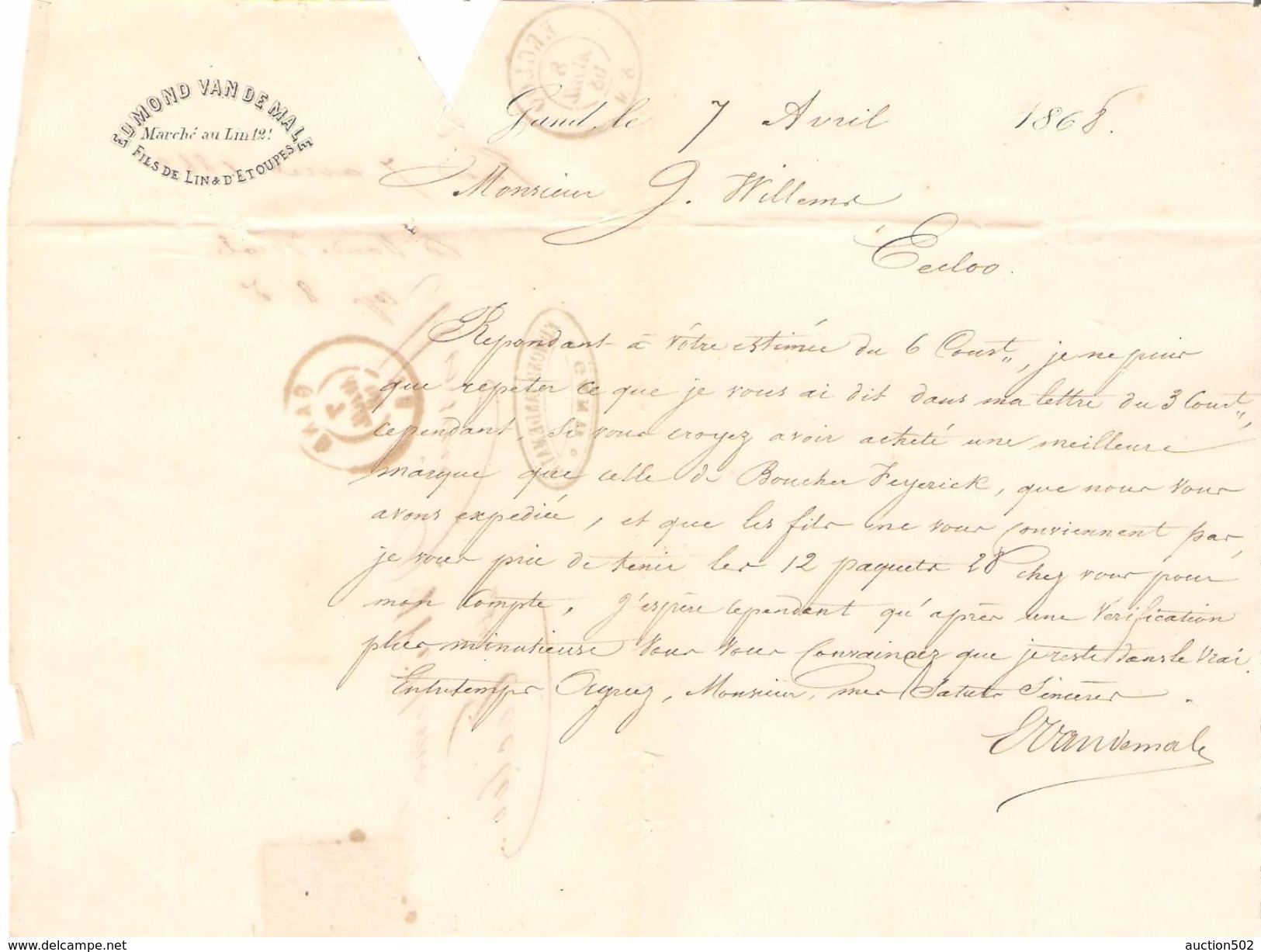 TP 17 S/LAC Edmond Vandemale Fils De Lin & Etoupes Gent LOS 141 C.Gand 7/4/1868 V.Eecloo C.d'arrivée PR4775 - Postmarks - Points