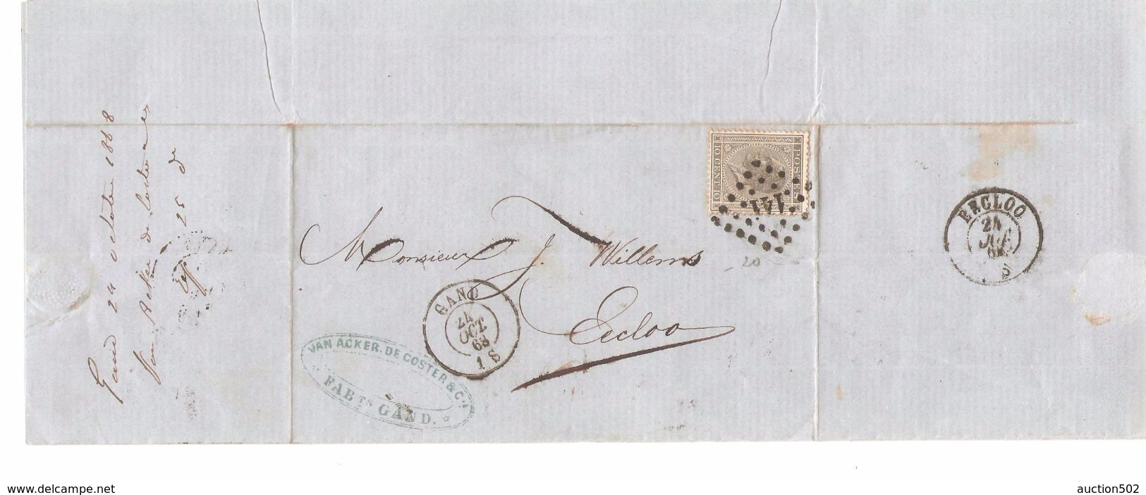 TP 17 S/LAC Van Acker-De Coster & Cie Gent LOS 141 C.Gand 24/10/1868 V.Eecloo C.d'arrivée PR4776 - Postmarks - Points