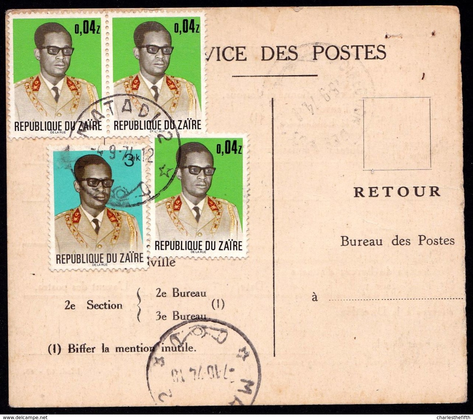 MANDAT DE POSTE ZAIRE - GRIFFE  " MATADI 1 & 2 " PAYE - Mixed Franking KUTA (3) SUR MOBUTU ZAIRE !! 2 SCANS - Used