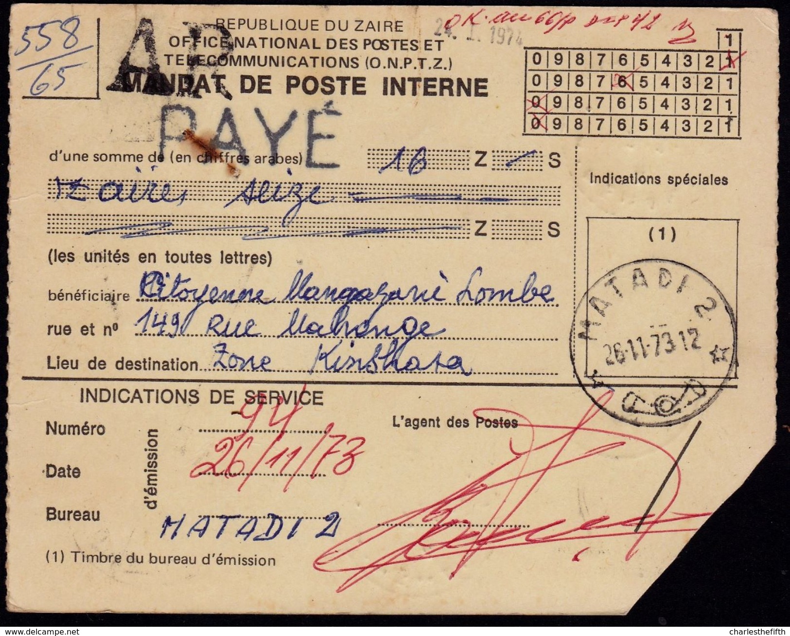 MANDAT DE POSTE ZAIRE - GRIFFE  " MATADI 2 " PAYE - AR - Mixed Franking KUTA (10) SUR MOBUTU ZAIRE !! 2 SCANS - Oblitérés