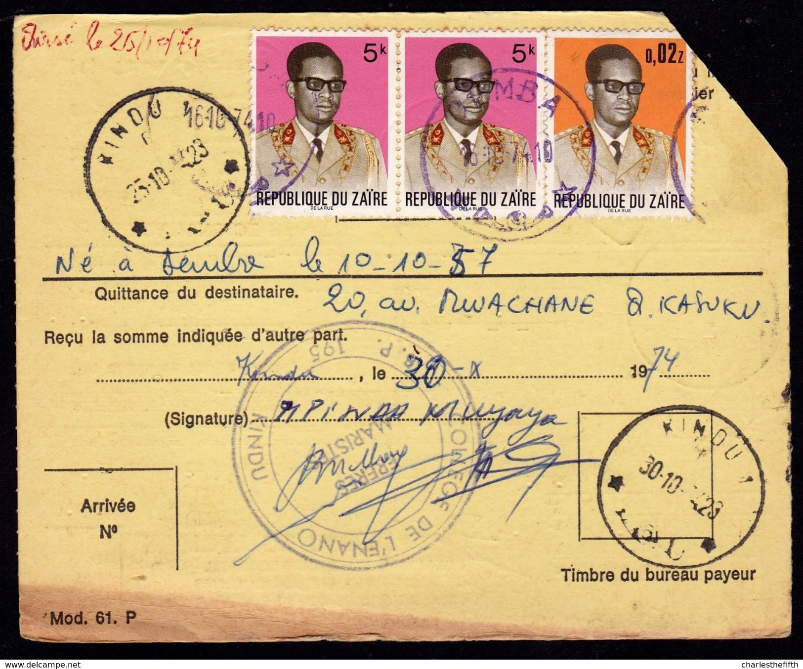 MANDAT DE POSTE ZAIRE - GRIFFE  " KINDU & DEMBA  " PAYE - EXPRES - Mixed Franking KUTA SUR MOBUTU ZAIRE !! 2 SCANS - Usados