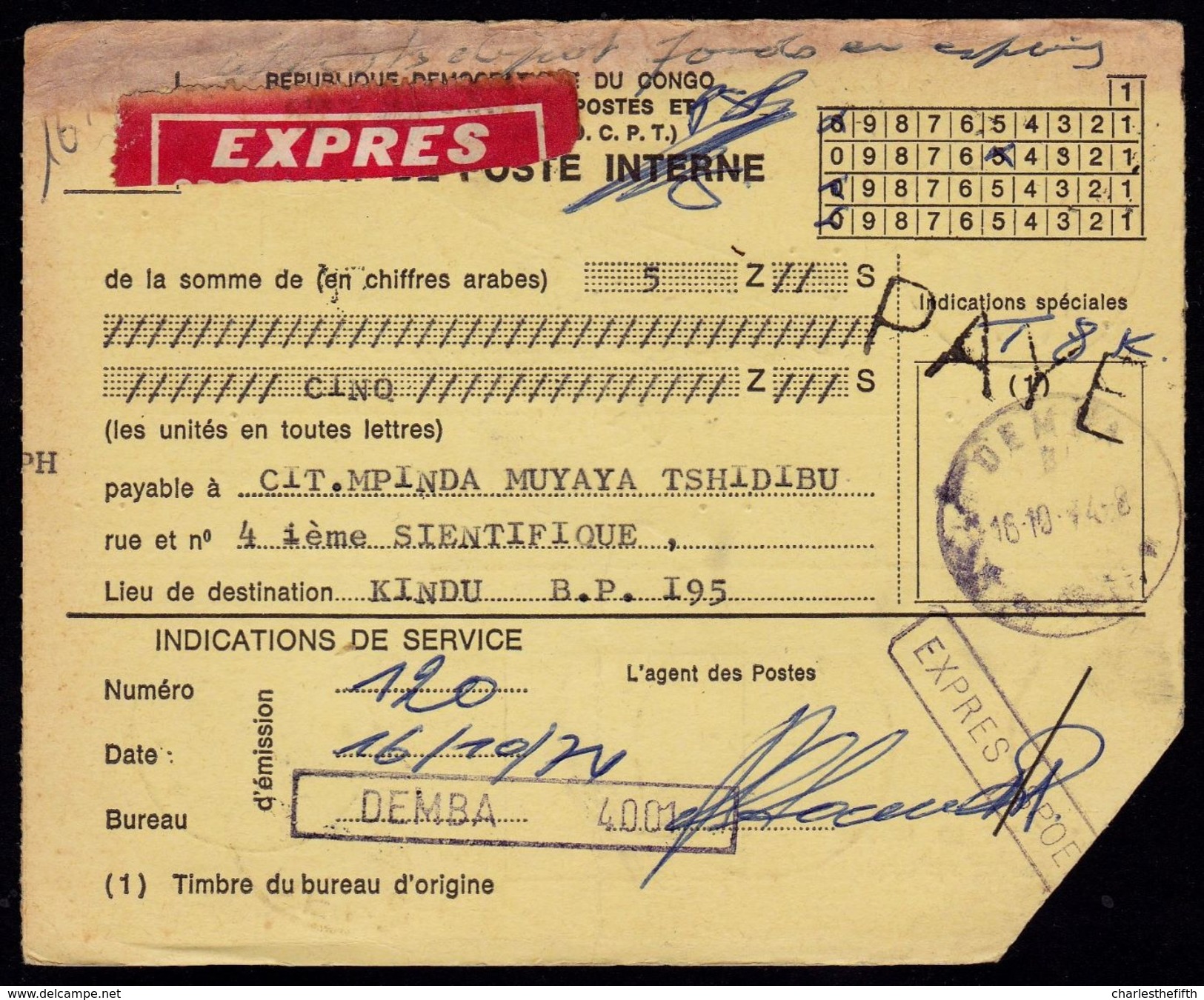 MANDAT DE POSTE ZAIRE - GRIFFE  " KINDU & DEMBA  " PAYE - EXPRES - Mixed Franking KUTA SUR MOBUTU ZAIRE !! 2 SCANS - Usati