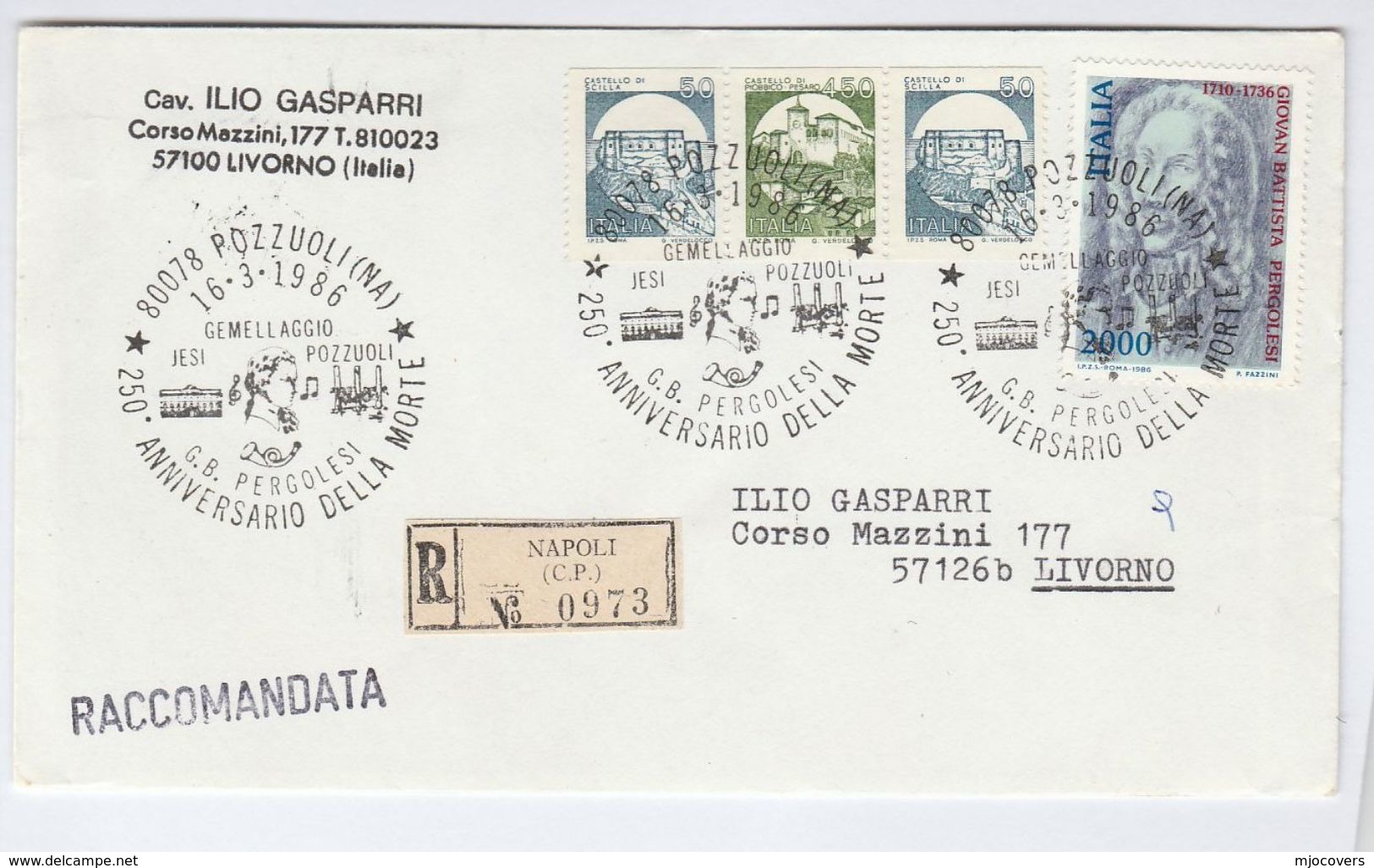 1986 REGISTERED Naples COVER EVENT Music PERGOLESI DEATH ANNIV  Stamps To Livorno Italy - Music