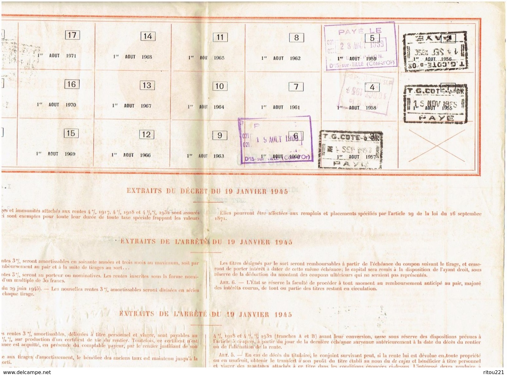 ANCIEN DOCUMENT DETTE PUBLIQUE RenteTROIS POUR CENT - 1955 - EXTRAIT D'INSCRIPTION AU GRAND LIVRE - D - F