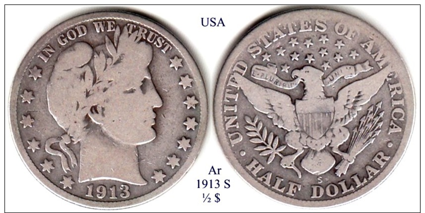 USA-1913 S, 1/2 Dollar - 1892-1915: Barber