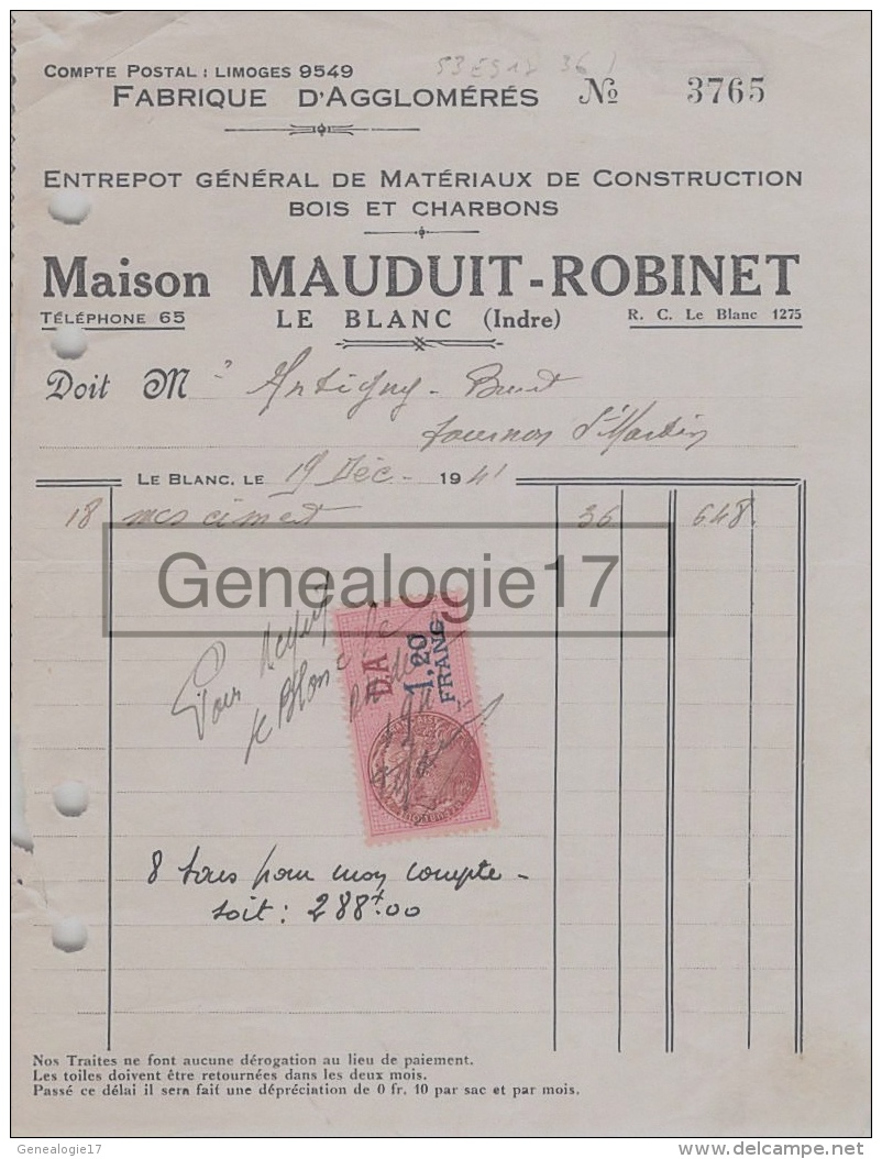 36 754 LE BLANC INDRE 1941 FABRIQUE AGGLOMERES ( BOIS ) Materiaux Maison MAUDUIT - ROBINET - 1900 – 1949