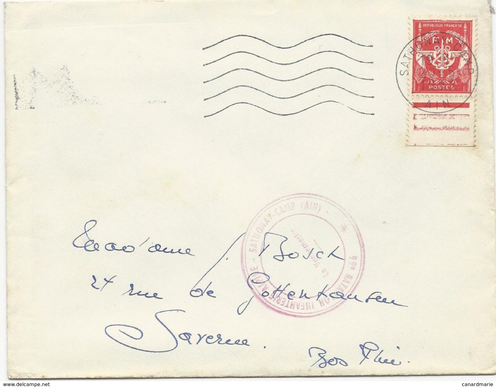 LETTRE 1953 AVEC TIMBRE DE FRANCHISE MILITAIRE ET CACHET MECANIQUE SATHONAY- CAMP - Cachets Militaires A Partir De 1900 (hors Guerres)