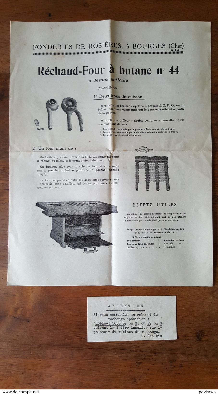 Notice Réchaud Four à Butane Numéro 44, Fonderies De Rosières, Bourges, Cher, Contrôle Qualité. - Electricity & Gas