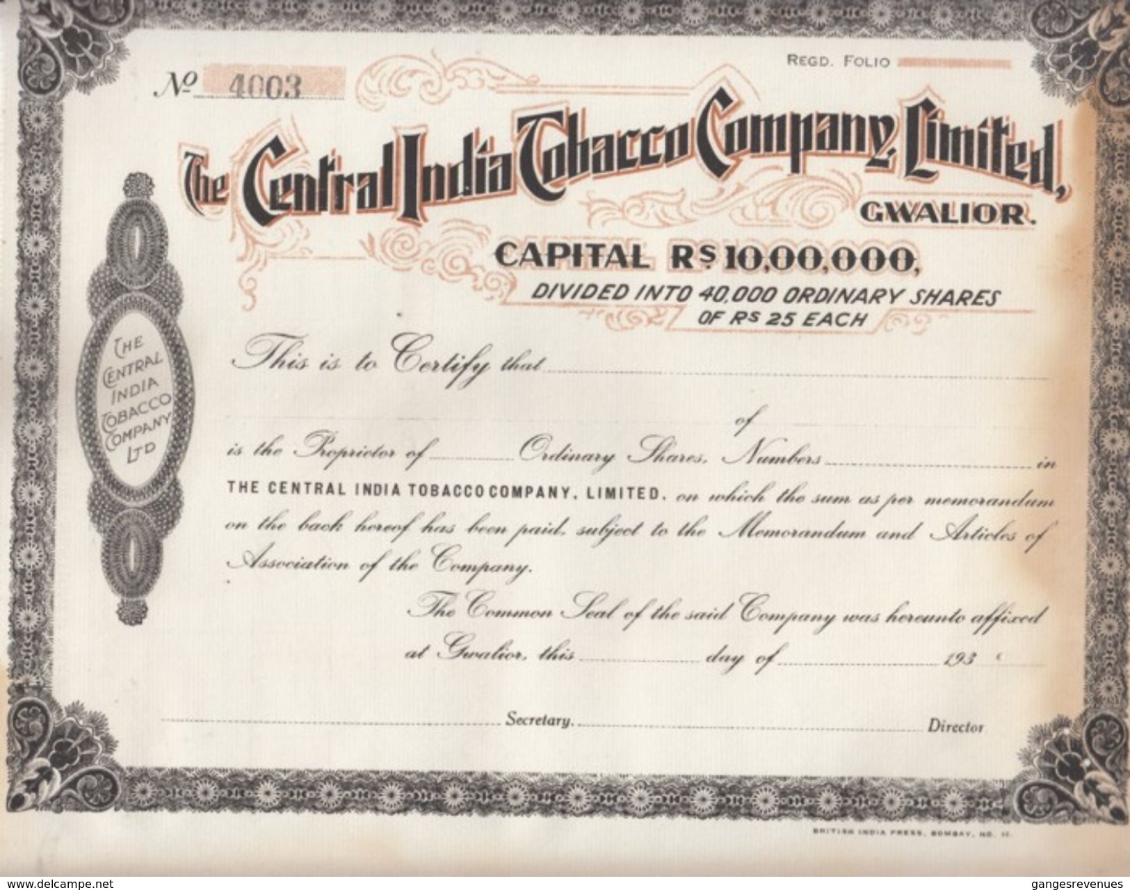 India 1930's  The Central India Tobacco Compant Ltd.  Share Certificate  #  00945  FL Inde Indien India Fiscaux Revenue - Documenten