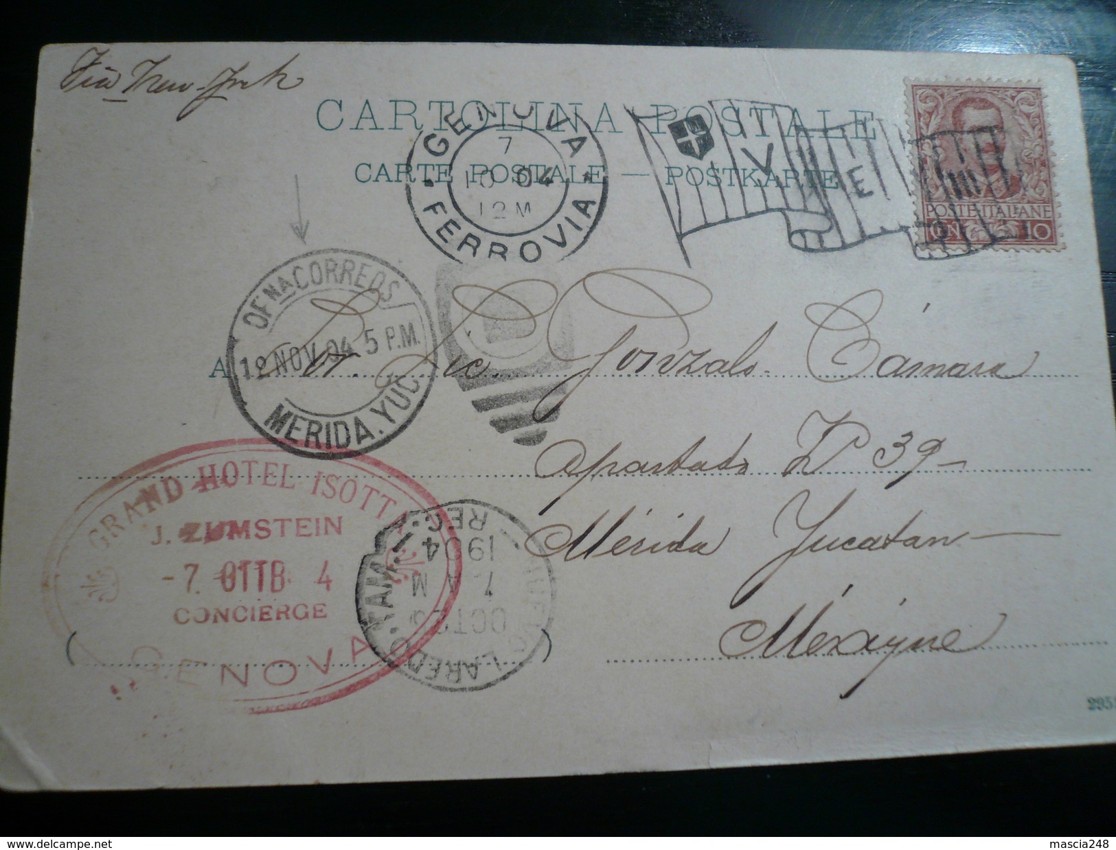 Genova Rara Destinazione Merida Yucatan Messico Via N.Y/ Laredo-Tampico 1904 - Storia Postale