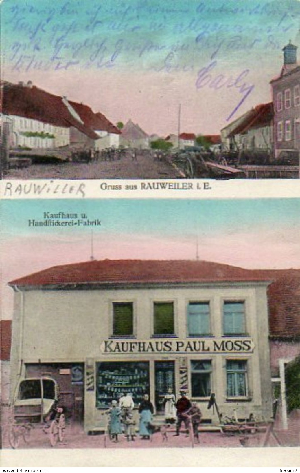 CPA -RAUWILLER(67)-Gruss Aus -Carte Multi-vues De 1917- Epicerie P.Moss Et Fabrique De Broderie-Plaque émaillée Singer - Otros & Sin Clasificación