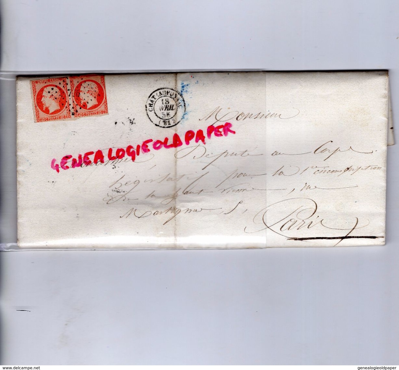 87- CHATEAUPONSAC-LIMOGES A PARIS- LETTRE DU MAIRE DE BALLEDENT AVEC 2 TIMBRES 40 C ORANGE -1858- - 1849-1876: Période Classique