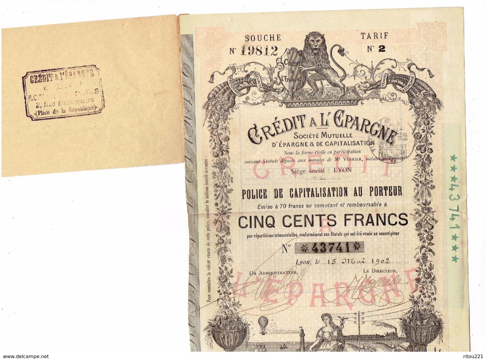 ACTION ILLUSTREE - CRÉDIT A L'EPARGNE - POLICE DE CAPITALISATION 500 Frs - 1902 - Banque & Assurance