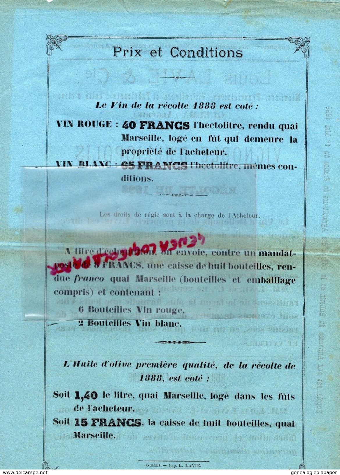 ALGERIE- RARE DOCUMENT LOUIS LAVIE & CIE -MINOTIER VITICULTEUR FABRICANT HUILE OLIVE 15 AVRIL 1889- VIGNOBLE HELIOPOLIS - Documents Historiques