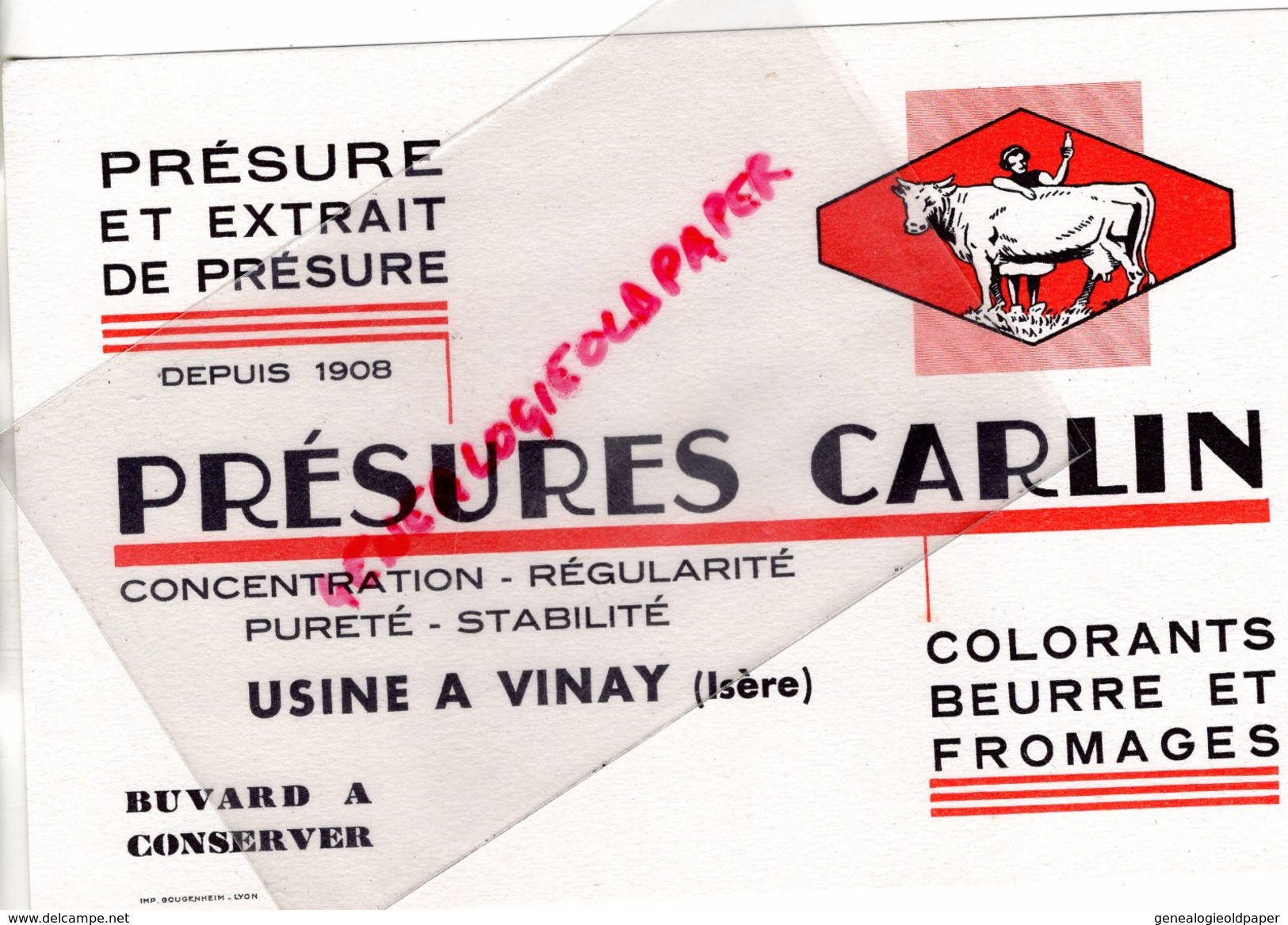 38- VINAY- RARE BUVARD PRESURES CARLIN- BEURRE FROMAGES FROMAGE- LAITERIE LAIT - VACHE - L