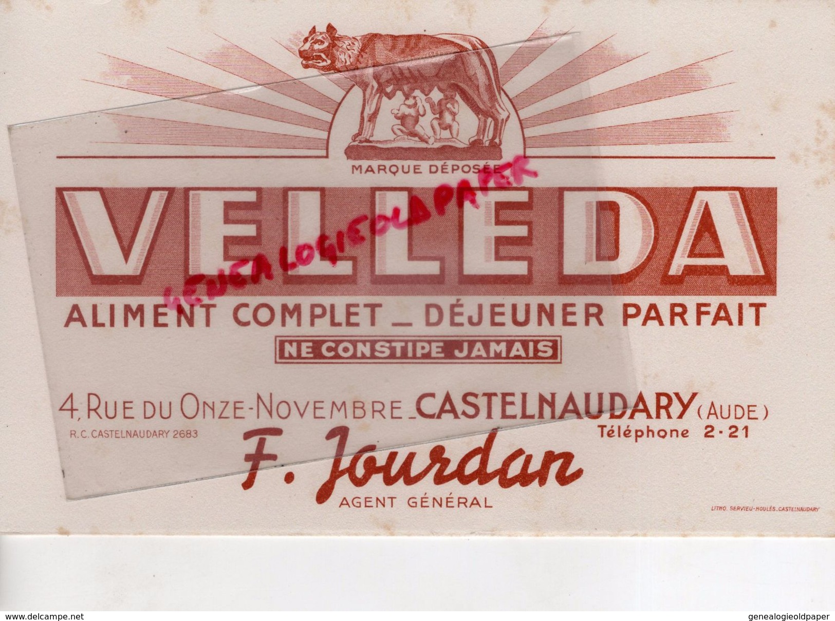 11- CASTELNAUDARY- BUVARD VELLEDA- F. JOURDAN-4 RUE DU 11 NOVEMBRE-ALIMENT ATION- LOUVE ROMULUS ET REMUS-ROME - A