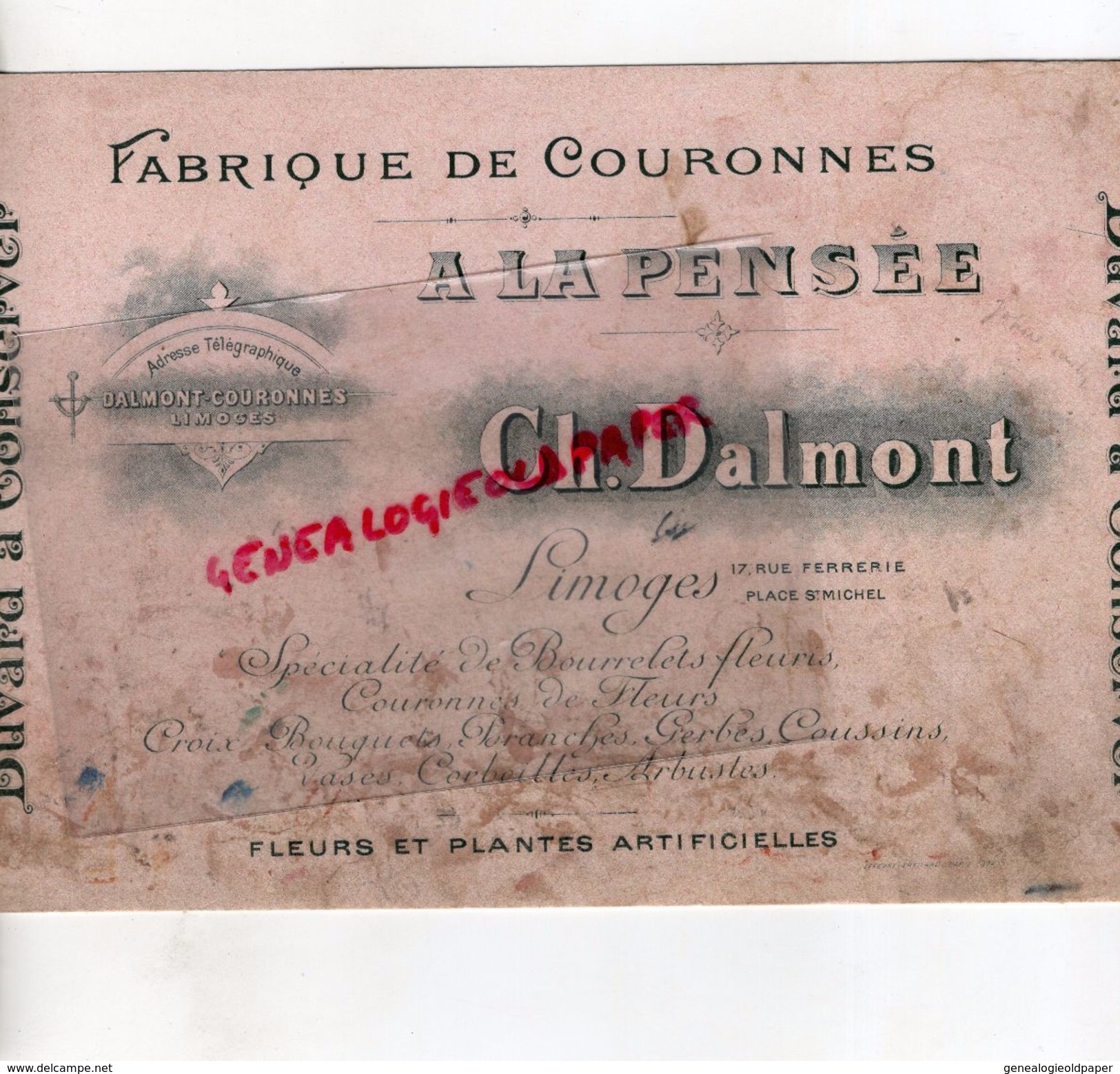 87- LIMOGES- RARE BUVARD A LA PENSEE- CH. DALMONT-FLEURISTE-FABRIQUE COURONNES FLEURS- - F