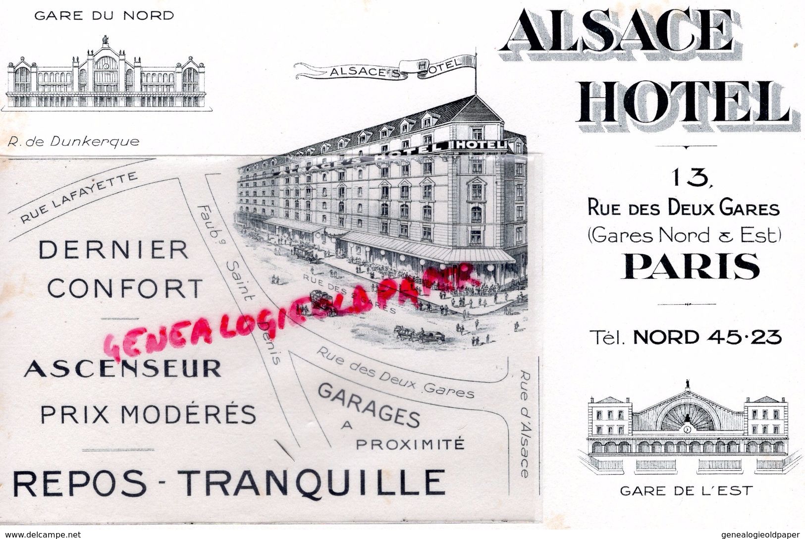 75- PARIS- RARE BUVARD ALSACE HOTEL -13 RUE DES DEUX GARES ( GARE NORD EST)- FG SAINT DENIS-RUE D' ALSACE- RUE LAFAYETTE - H