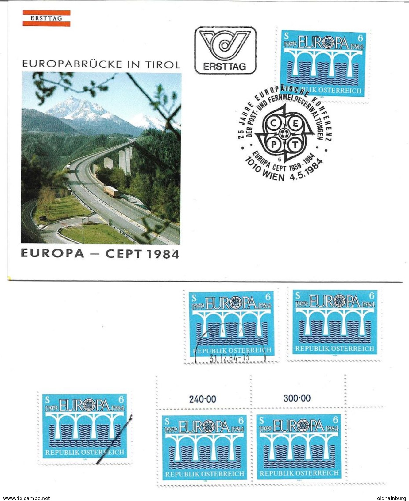 1505l: Österreich 1984, Europabrücke, Sonderstempel, Plus 5mal **/o, Plus Mustermarke - 1974