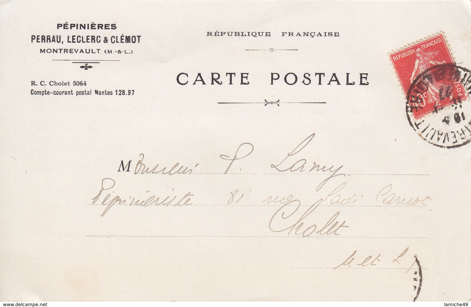 MONTREVAULT CARTE POSTALE PEPINIERES PERRAU LECLERC CLEMOT  Pour CHOLET (paysagiste Horticole ) Circulée Timbrée 1927 - Montrevault