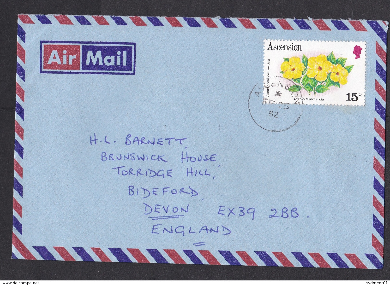 Ascension Island: Airmail Cover To UK, 1982, 1 Stamp, Flower, Rare Real Use! (writing At Back) - Ascension