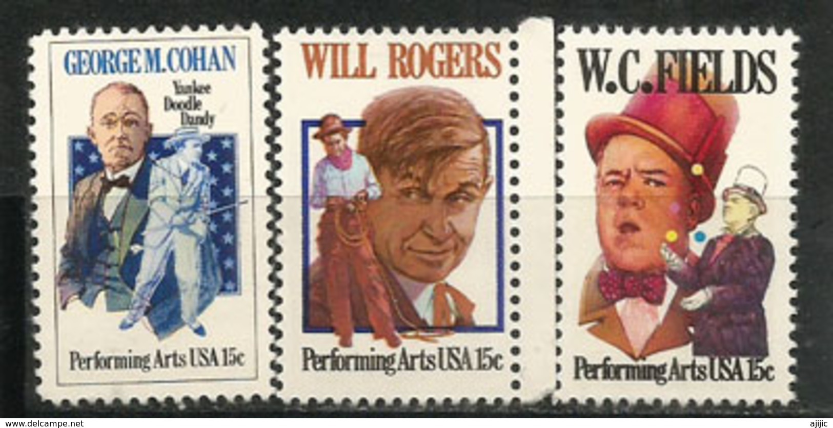 Acteurs Américains Will Rogers, W.C Fields, George M.Cohan.  Trois Timbres Neufs ** ETATS-UNIS - Acteurs