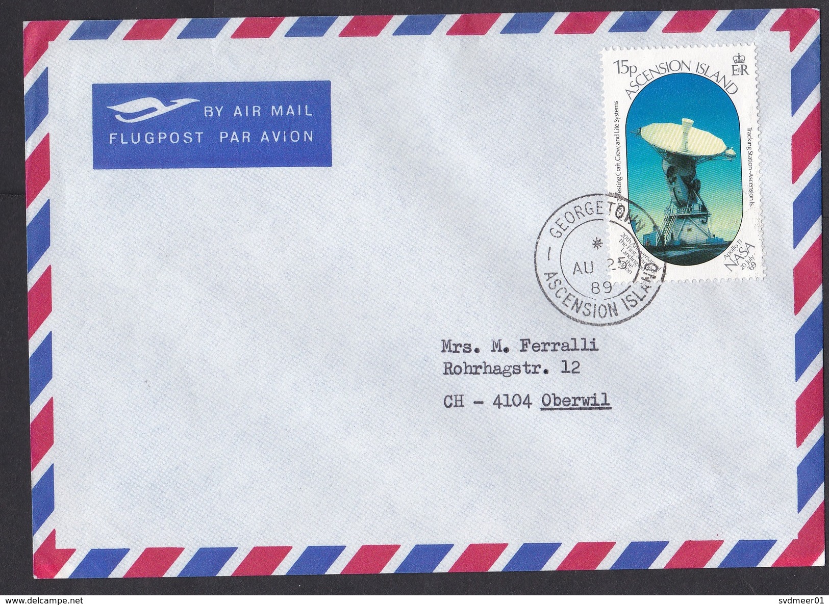 Ascension: Airmail Cover To Switzerland, 1989, 1 Stamp, Tracking NASA Apollo, Space, Rare Real Use! (traces Of Use) - Ascensión