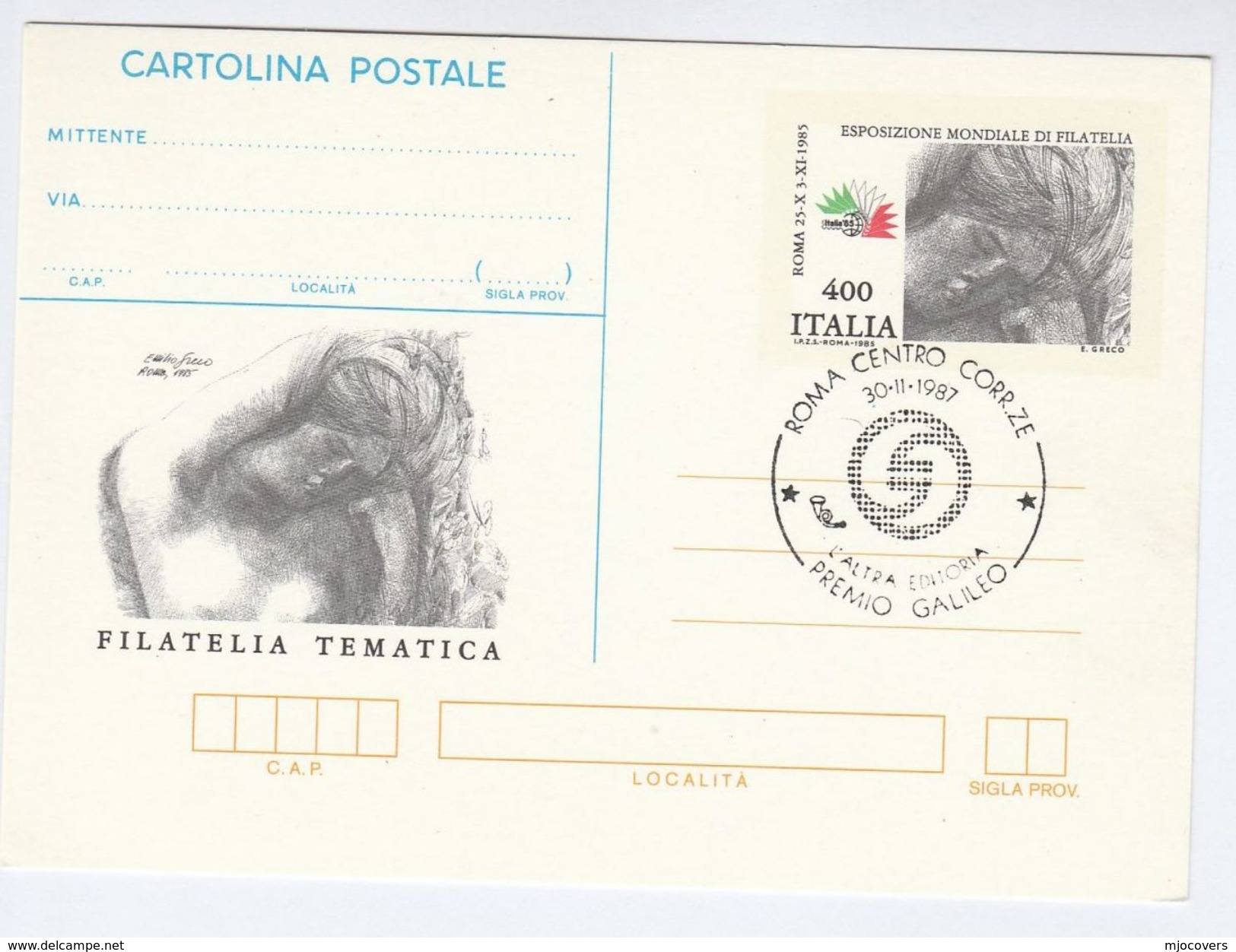 1987 Rome L'Altra Editoria Premio GALILEO EVENT Postal STATIONERY CARD Italy Stamp Philatelic Exhibition Cover Astronomy - Astronomy