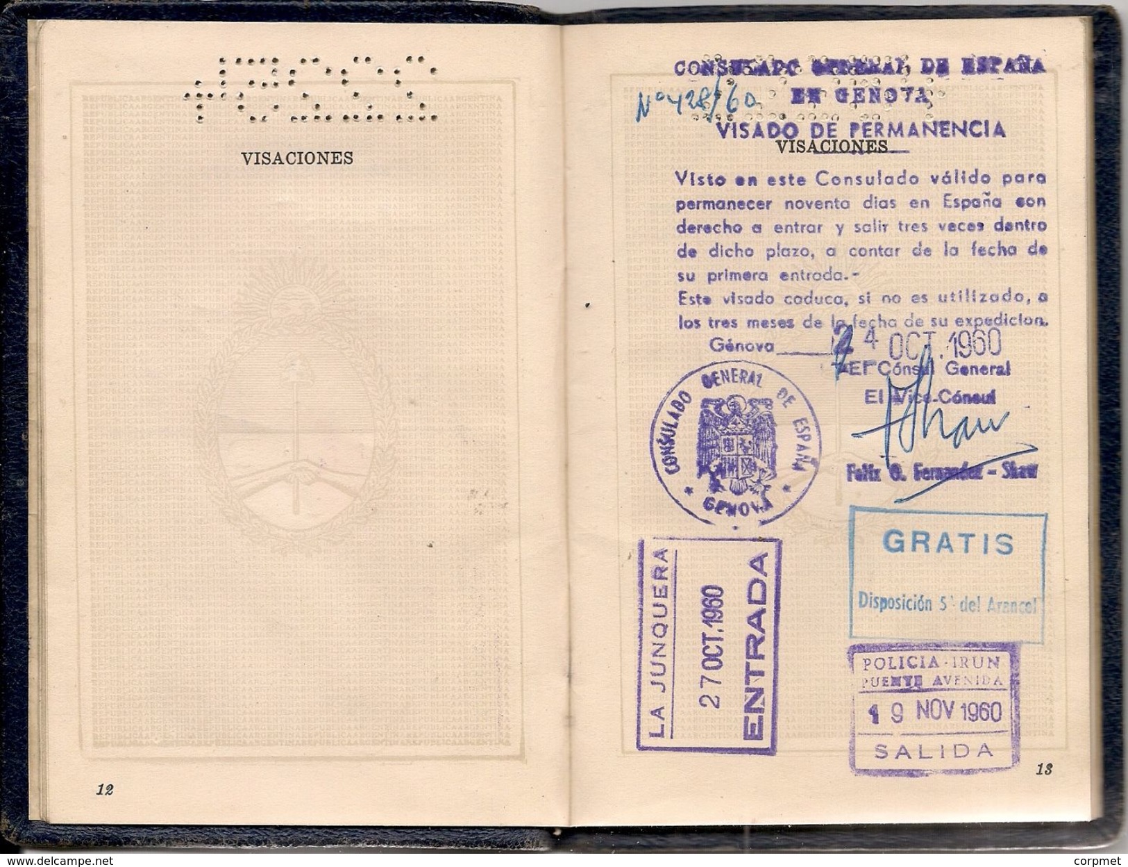 ARGENTINA 1960 CONSULAR PASAPORTE - PASSPORT - PASSEPORT - Issued In GENOVA - Fine FRANCE REVENUE GRATIS Stamp -scan 6- - Historical Documents