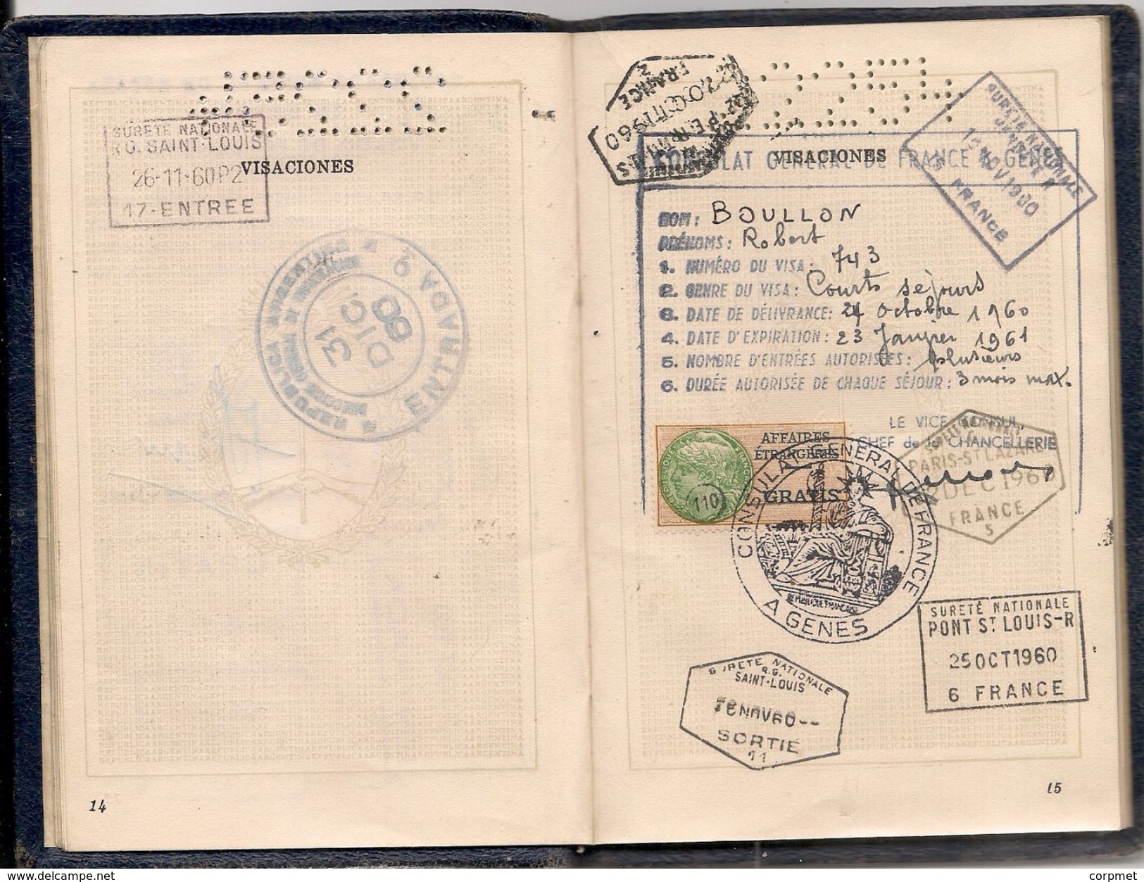 ARGENTINA 1960 CONSULAR PASAPORTE - PASSPORT - PASSEPORT - issued in GENOVA - fine FRANCE REVENUE GRATIS stamp -scan 6-