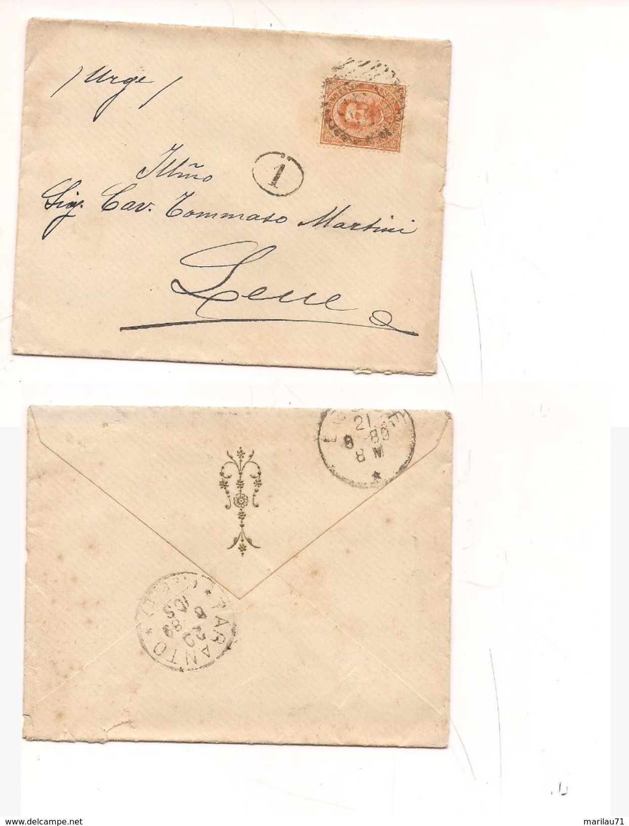 7320 Umberto 20c Isolato 1889 TARANTO Sbarre LECCE Cover Storia Postale - Marcophilia